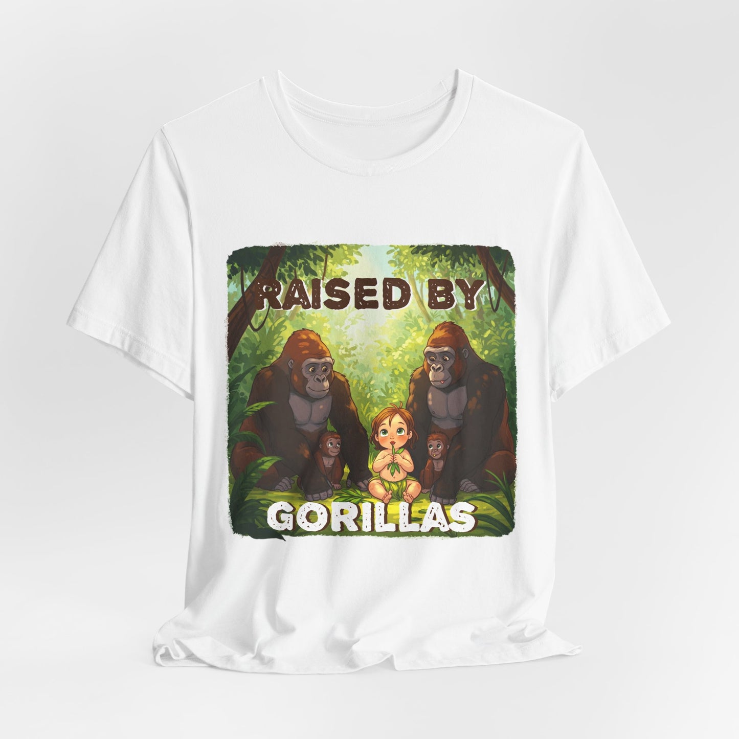 Funny Gorilla Graphic Tee - 'Raised by Gorillas' Unisex Jersey Shirt (Female character version) - Schmartypants