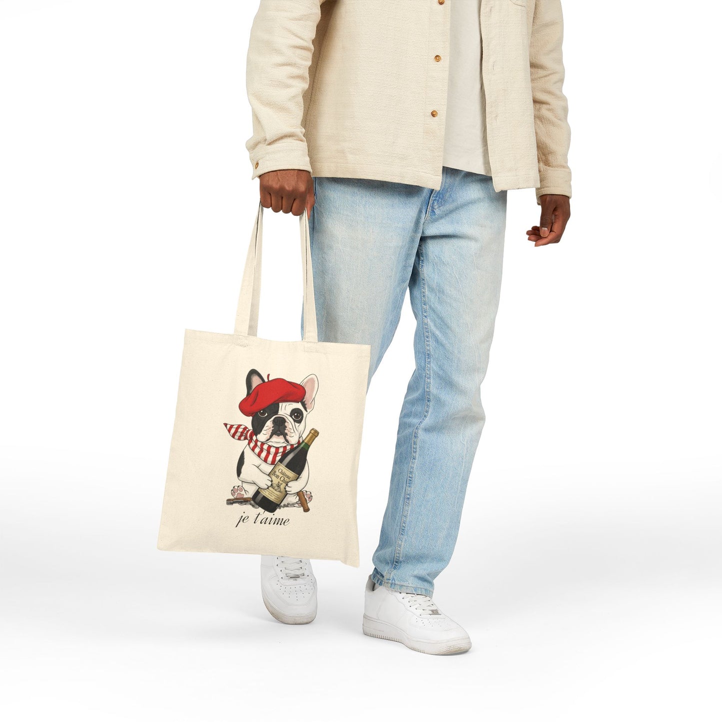 Chic French Bulldog 'je t'aime' Canvas Tote Bag - Eco-Friendly Shopping, Gift for Dog Lovers, Cute Beach Bag, Pet Owner Accessory
