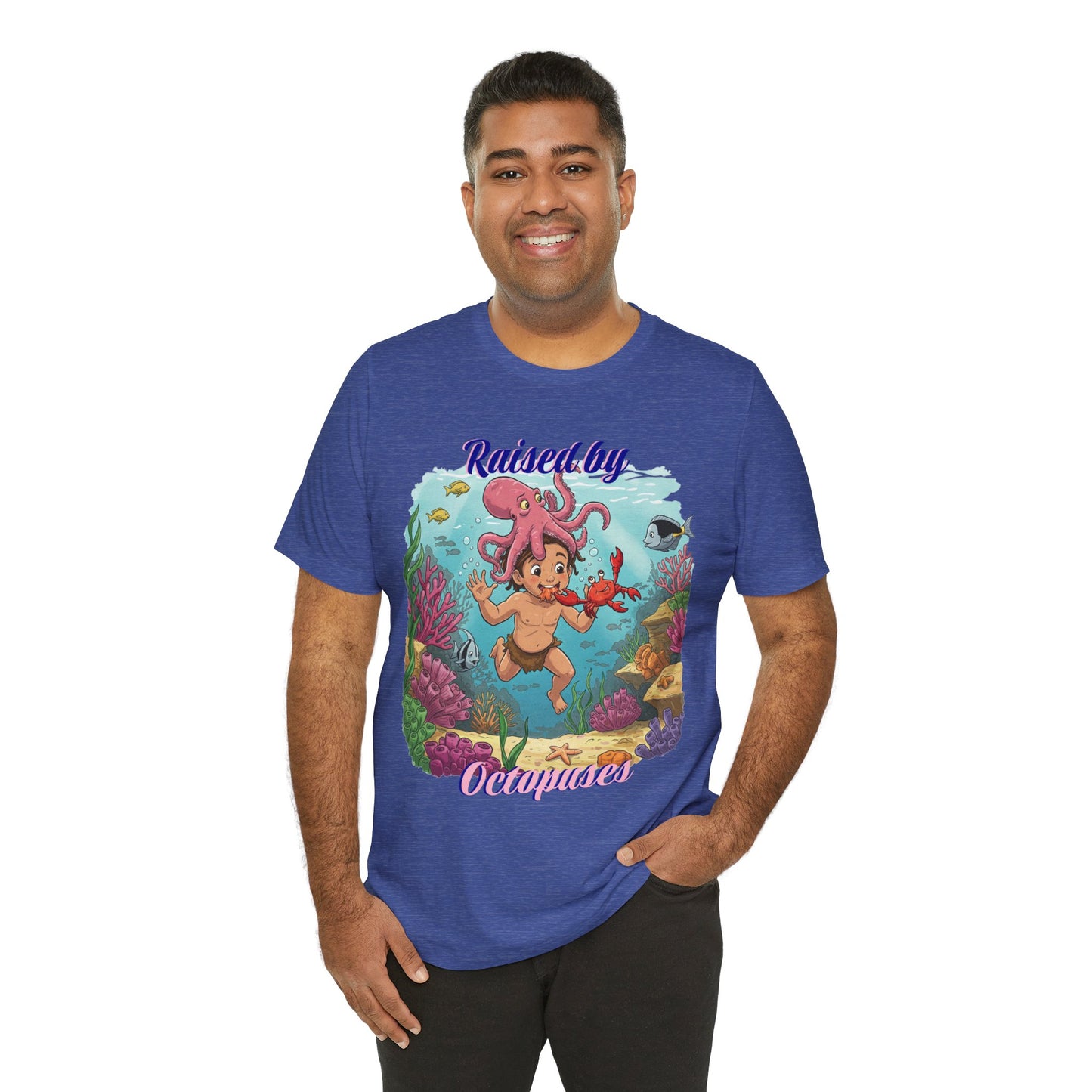 Ocean-Inspired Unisex Tee - Funny "Raised by Octopus", Fun Gift for Marine Lovers, Summer Beachwear, Cute Animal T-Shirt