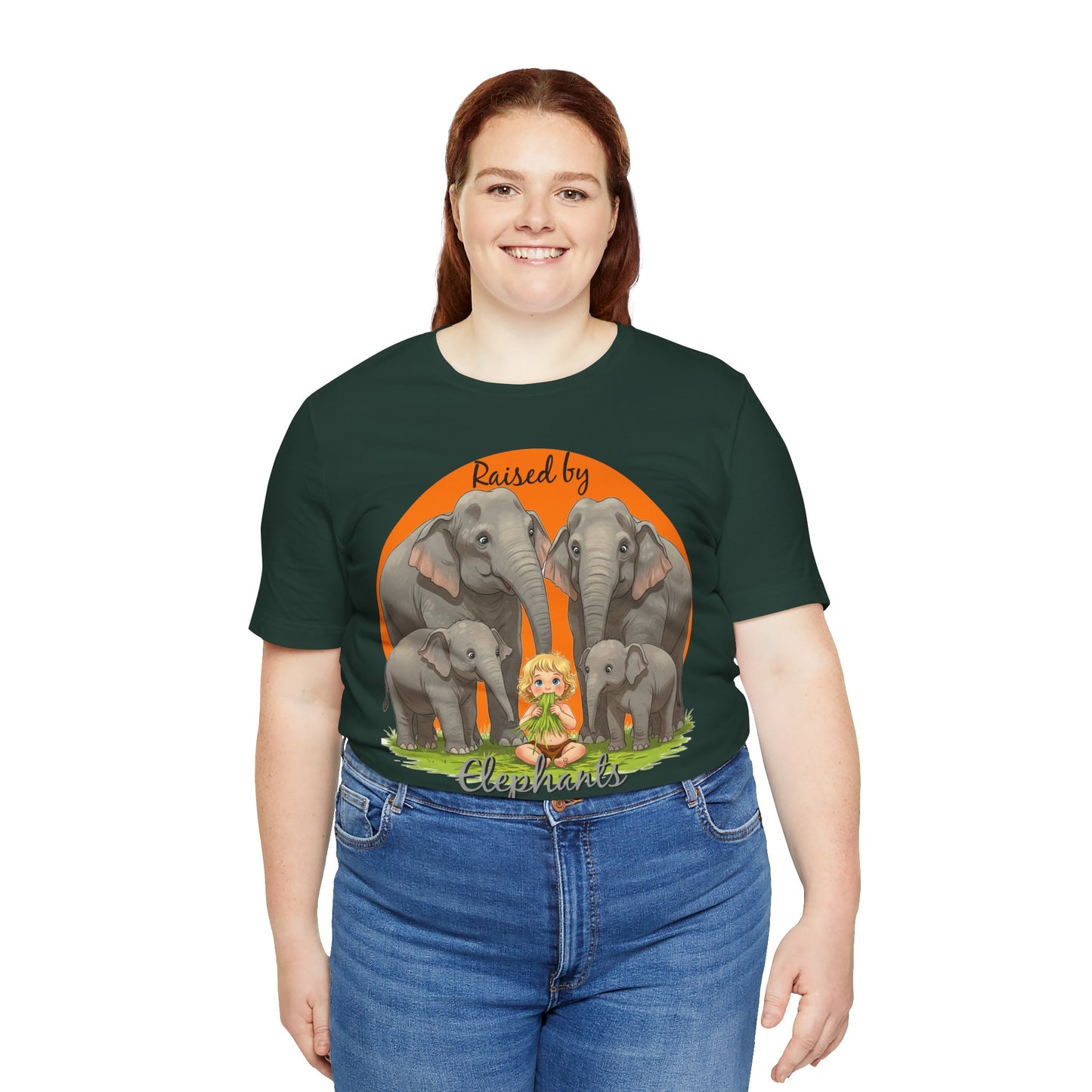 Funny Raised by Elephants Unisex Short Sleeve Tee - Perfect for Animal Lovers, Wildlife Fans (Women's Character version) - Schmartypants