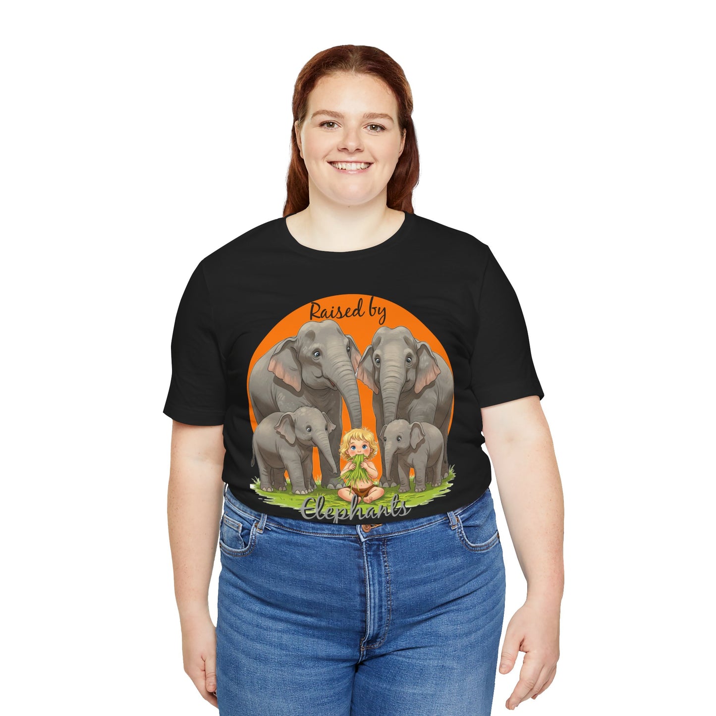 Funny Raised by Elephants Unisex Short Sleeve Tee - Perfect for Animal Lovers, Wildlife Fans (Women's Character version) - Schmartypants