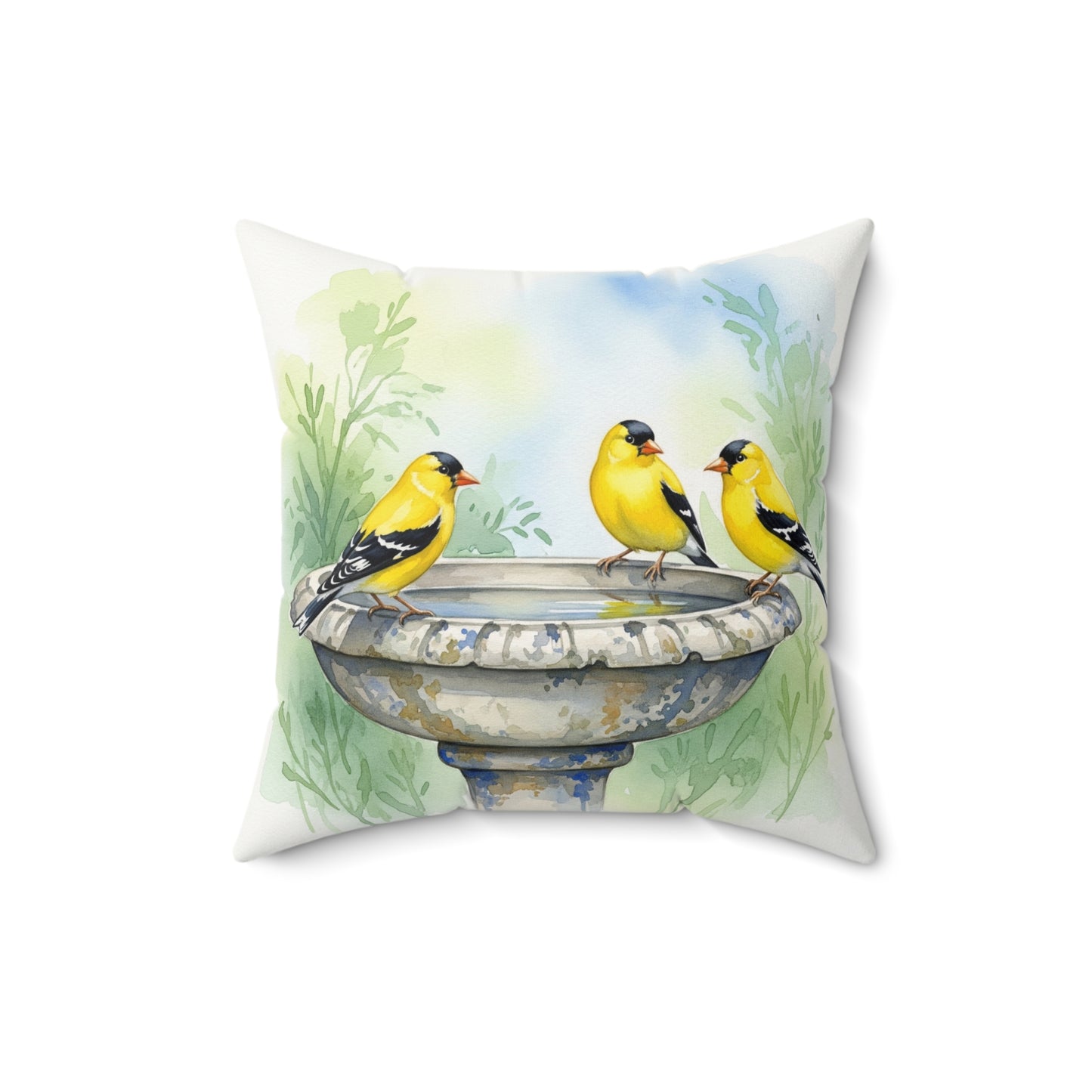 Cheerful Bird Bath Pillow, Decorative Cushion for Bird Lovers, Home Décor, Gift for Nature Enthusiasts, Goldfinches, Cozy Living Room