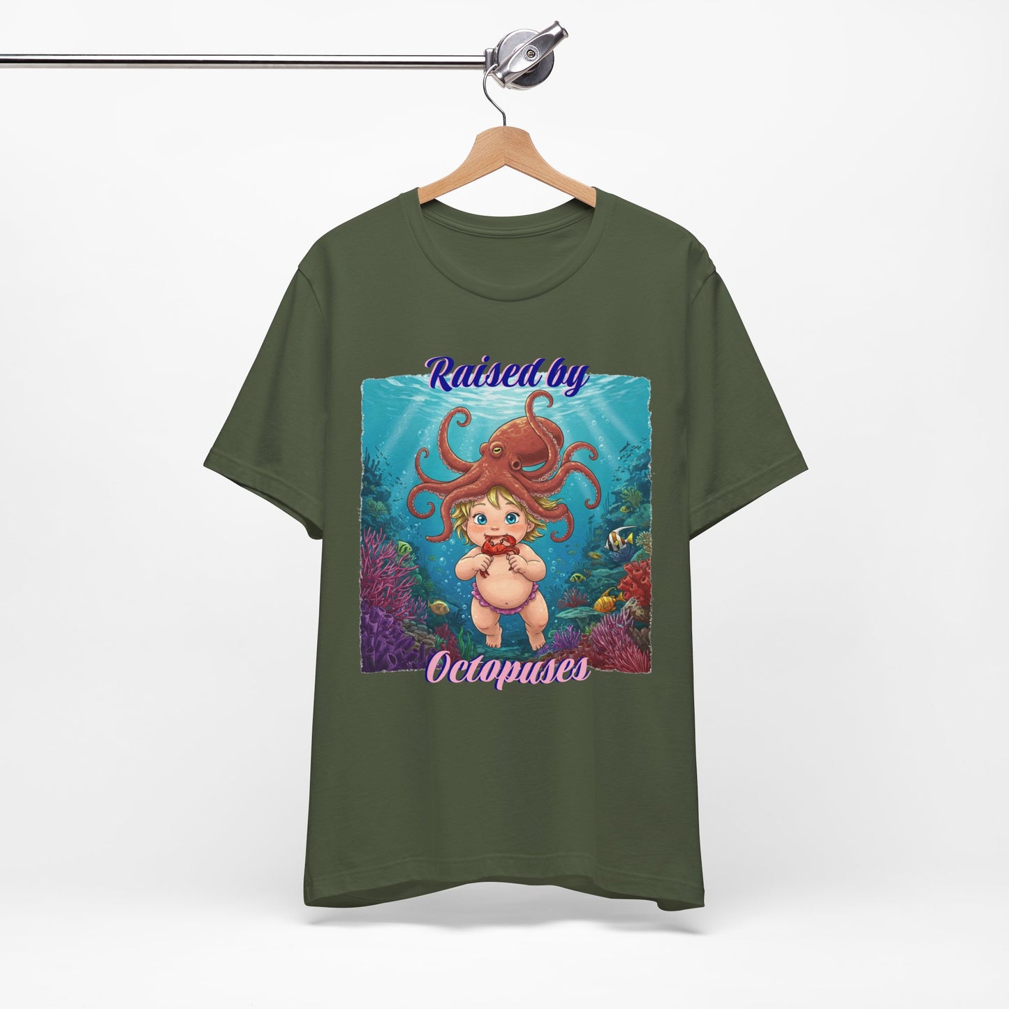 'Raised by Octopuses' Funny Octopus Themed Unisex Tee, Perfect for Ocean Lovers, Birthday Gift, Casual Wear, Summer Outing, Nautical Themed Apparel