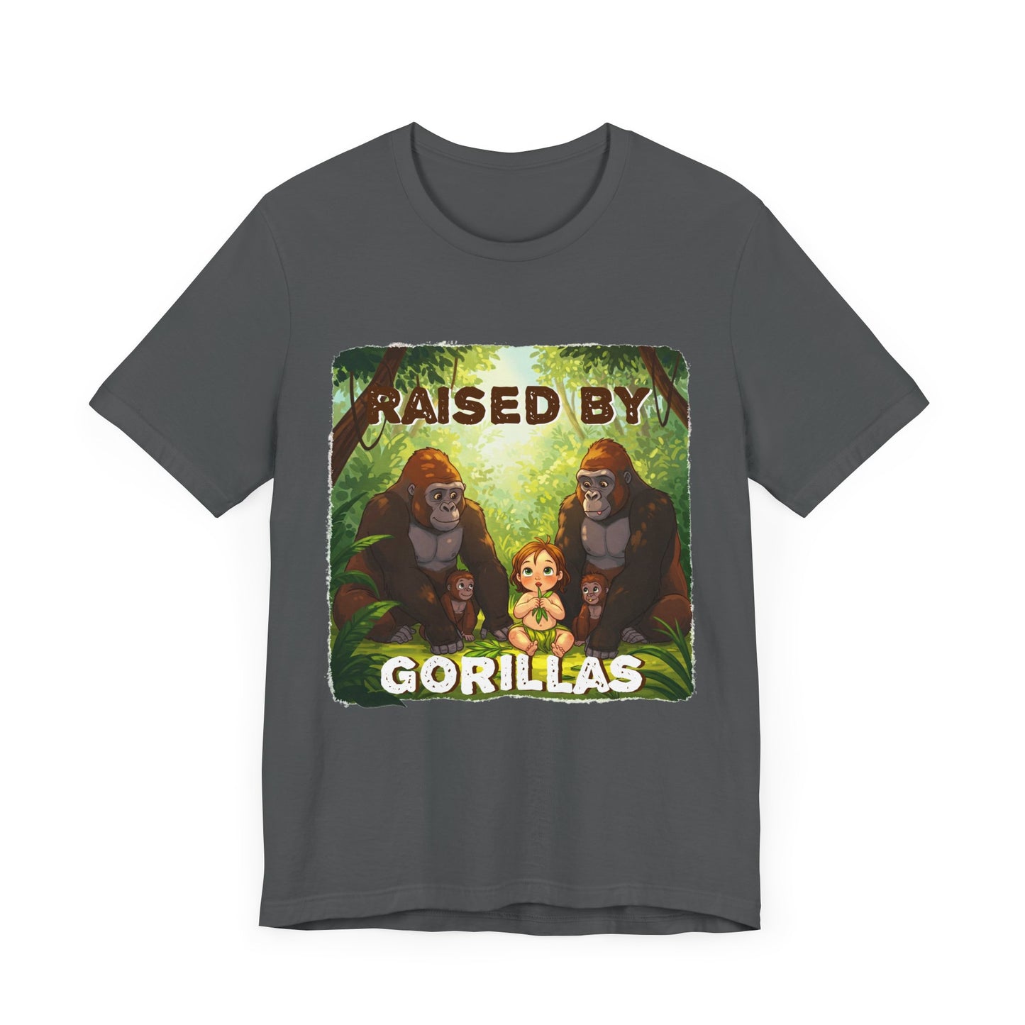 Funny Gorilla Graphic Tee - 'Raised by Gorillas' Unisex Jersey Shirt (Female character version) - Schmartypants