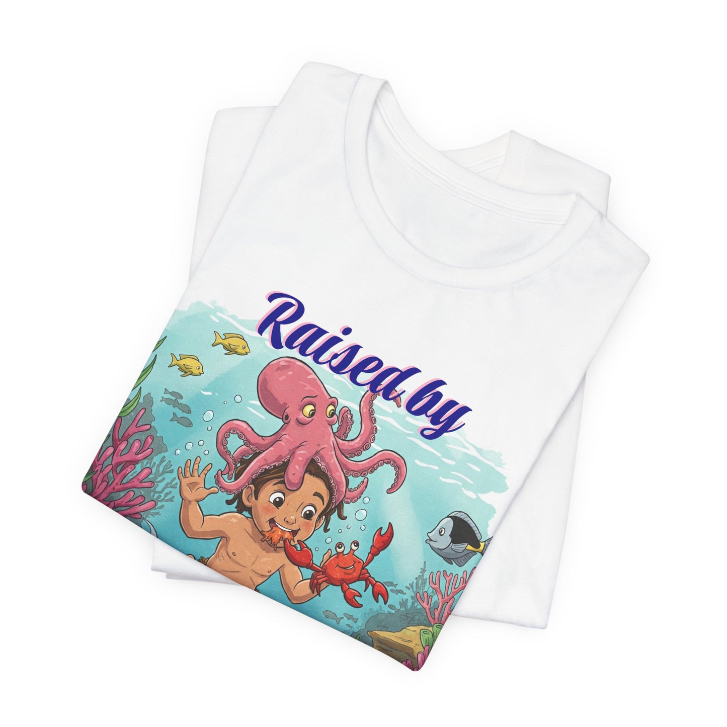Ocean-Inspired Unisex Tee - Funny "Raised by Octopus", Fun Gift for Marine Lovers, Summer Beachwear, Cute Animal T-Shirt