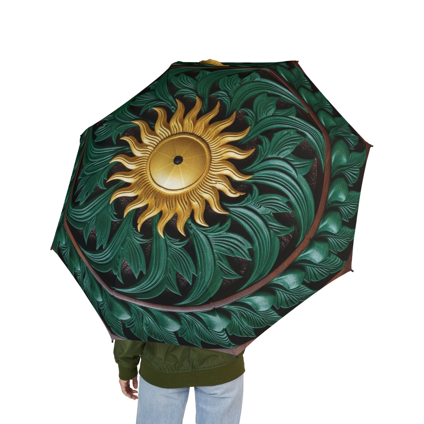 Foldable Umbrella, Ornate Sun Design, Rainy Day Fashion Accessory, Stylish Gift, Leafy Green World