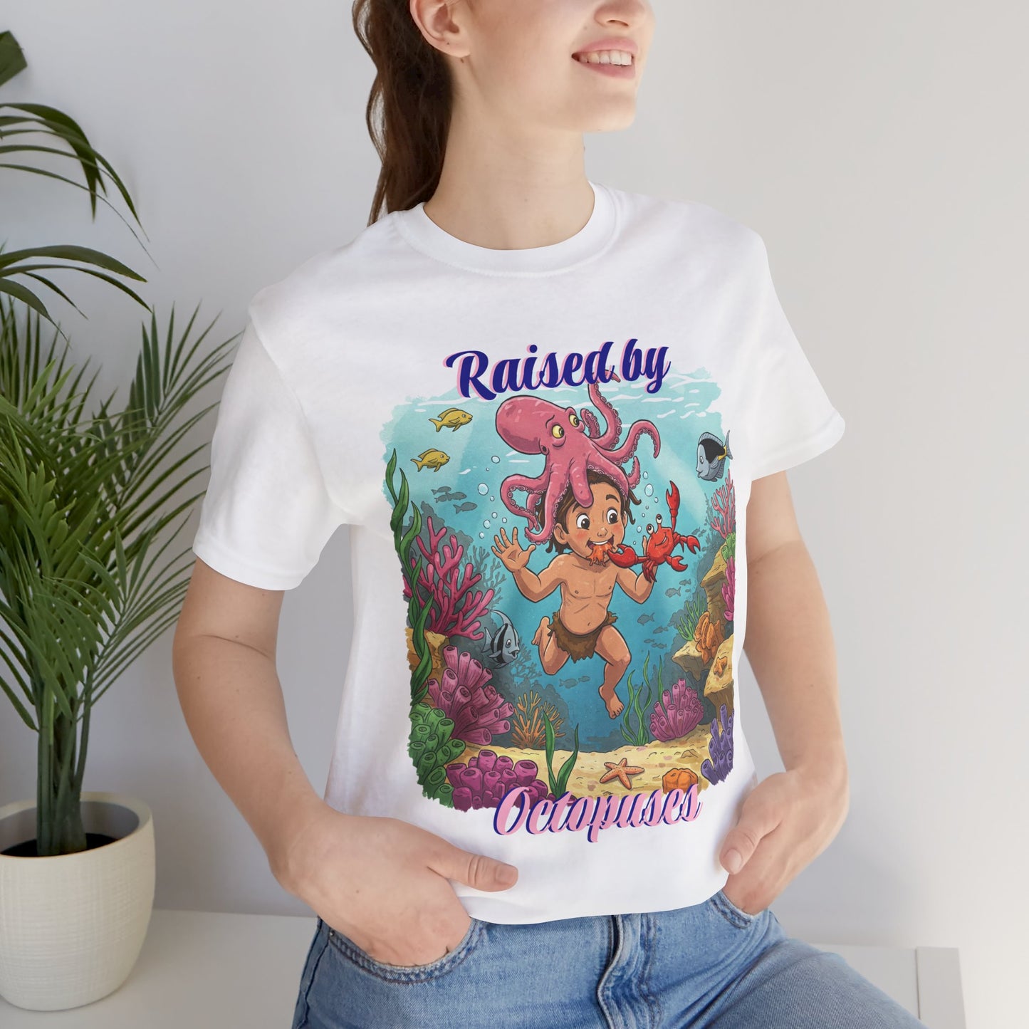 Ocean-Inspired Unisex Tee - Funny "Raised by Octopus", Fun Gift for Marine Lovers, Summer Beachwear, Cute Animal T-Shirt