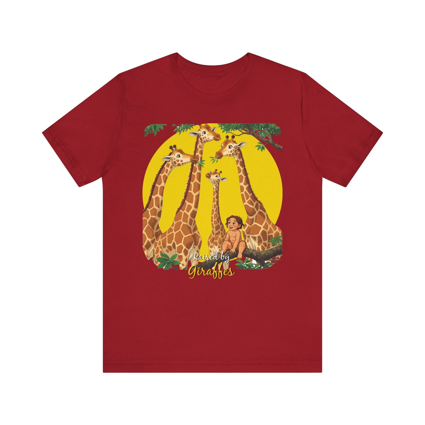 Hilarious Comical 'Raised By Giraffes' Unisex Short Sleeve Tee - Perfect for Animal Lovers (male character version) - Schmartypants