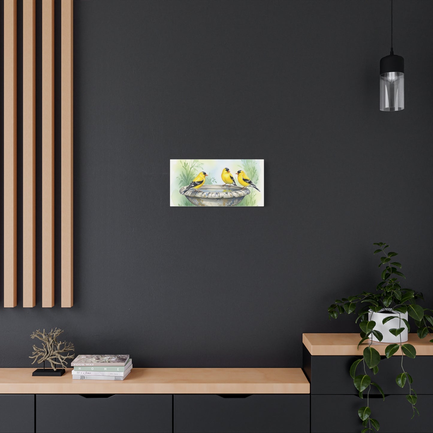 Goldfinches on Fountain Canvas Art, Nature Wall Decor, Yellow Finch Print, Home Decor, Gift for Bird Lovers, Spring Decoration