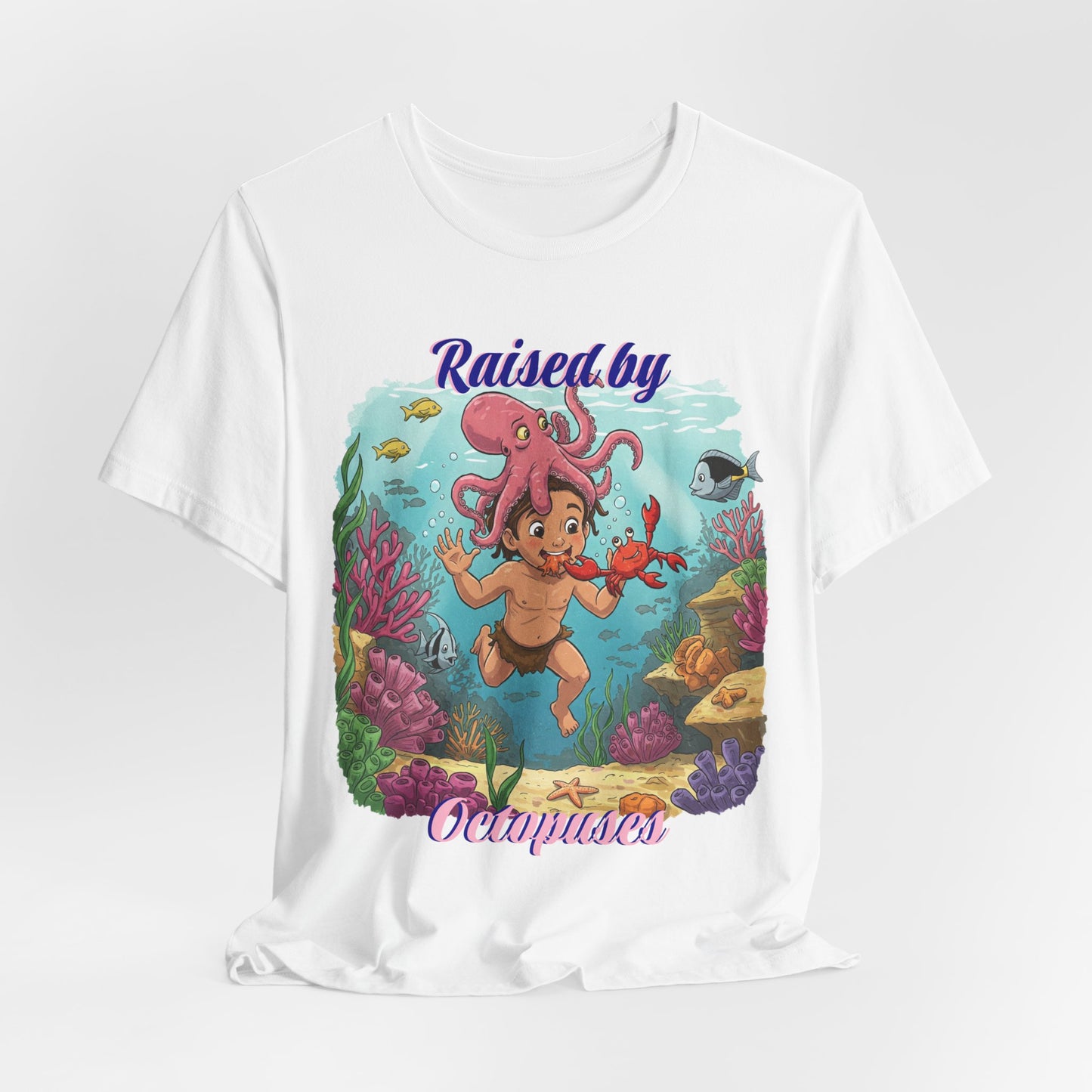 Ocean-Inspired Unisex Tee - Funny "Raised by Octopus", Fun Gift for Marine Lovers, Summer Beachwear, Cute Animal T-Shirt