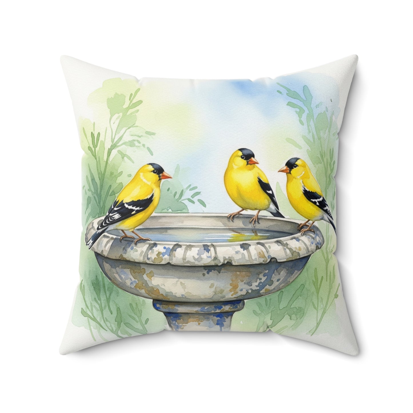 Cheerful Bird Bath Pillow, Decorative Cushion for Bird Lovers, Home Décor, Gift for Nature Enthusiasts, Goldfinches, Cozy Living Room