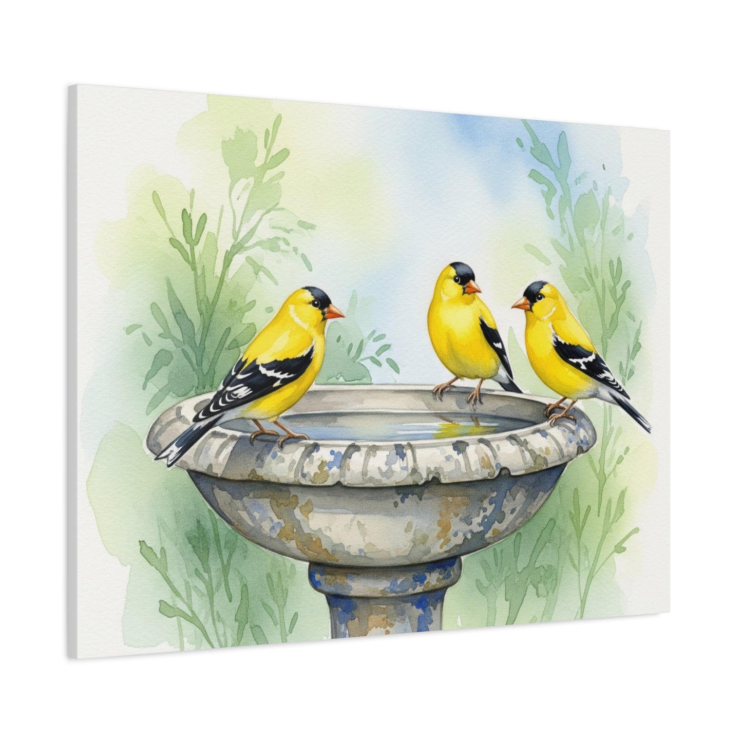 Goldfinches on Fountain Canvas Art, Nature Wall Decor, Yellow Finch Print, Home Decor, Gift for Bird Lovers, Spring Decoration