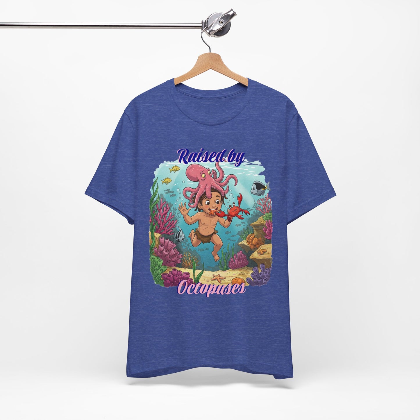 Ocean-Inspired Unisex Tee - Funny "Raised by Octopus", Fun Gift for Marine Lovers, Summer Beachwear, Cute Animal T-Shirt