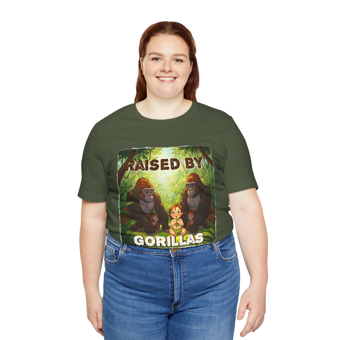 Funny Gorilla Graphic Tee - 'Raised by Gorillas' Unisex Jersey Shirt (Female character version) - Schmartypants