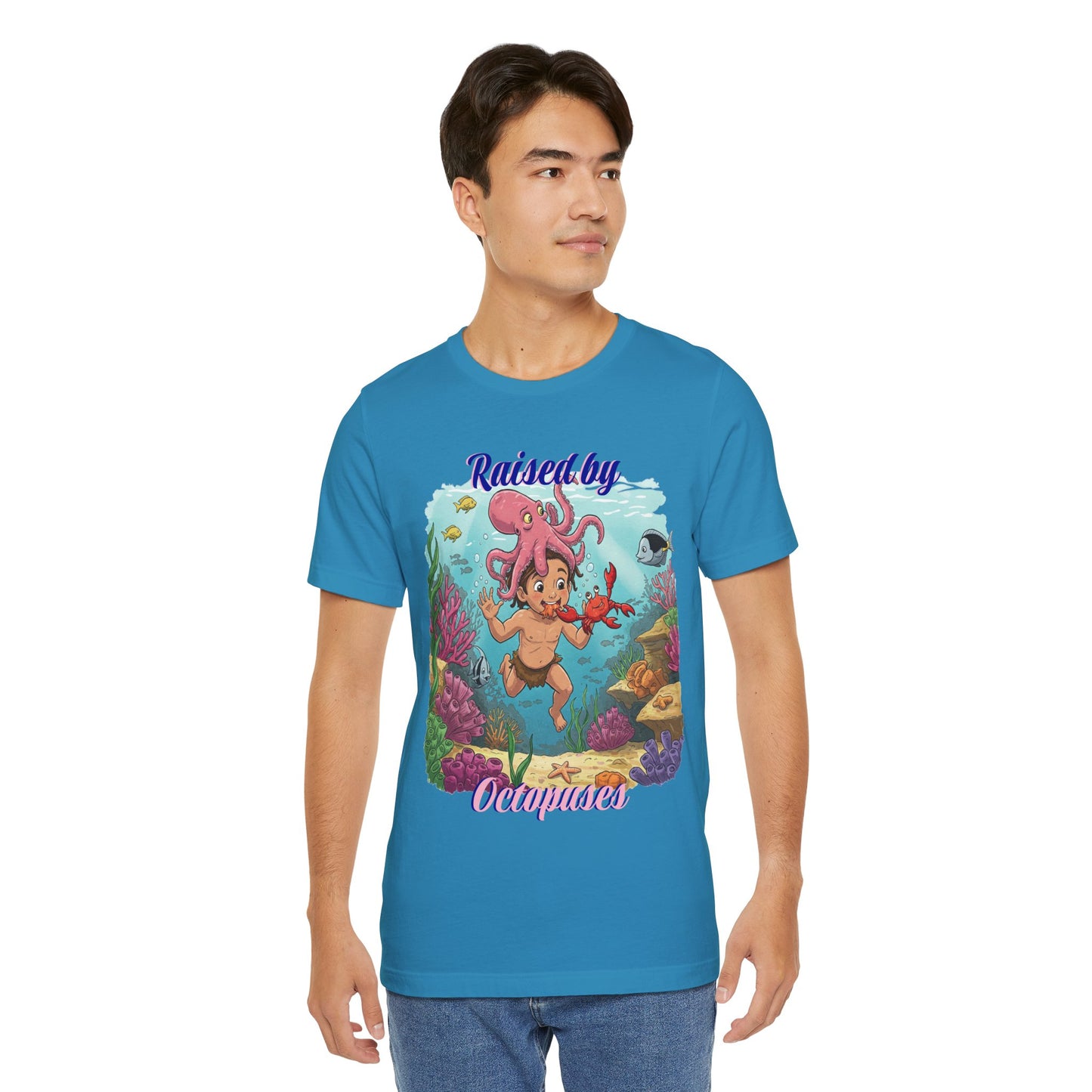 Ocean-Inspired Unisex Tee - Funny "Raised by Octopus", Fun Gift for Marine Lovers, Summer Beachwear, Cute Animal T-Shirt
