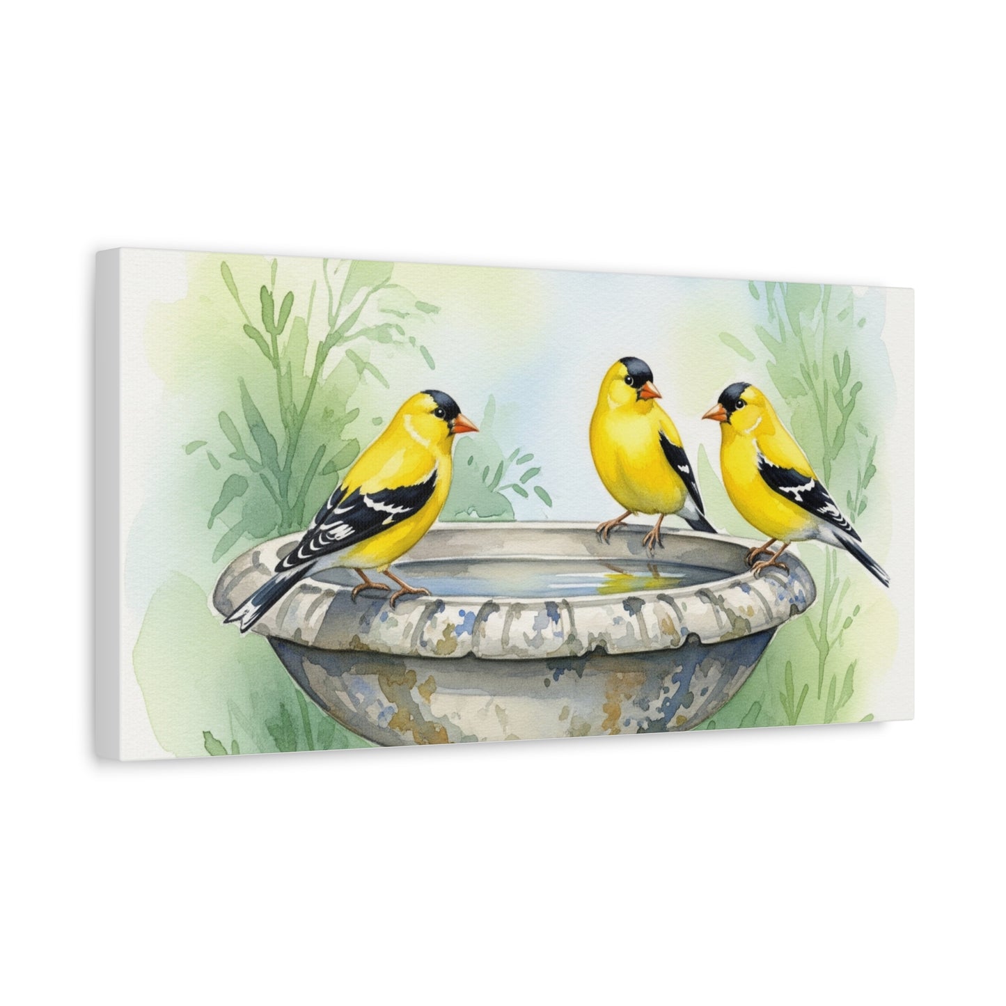 Goldfinches on Fountain Canvas Art, Nature Wall Decor, Yellow Finch Print, Home Decor, Gift for Bird Lovers, Spring Decoration