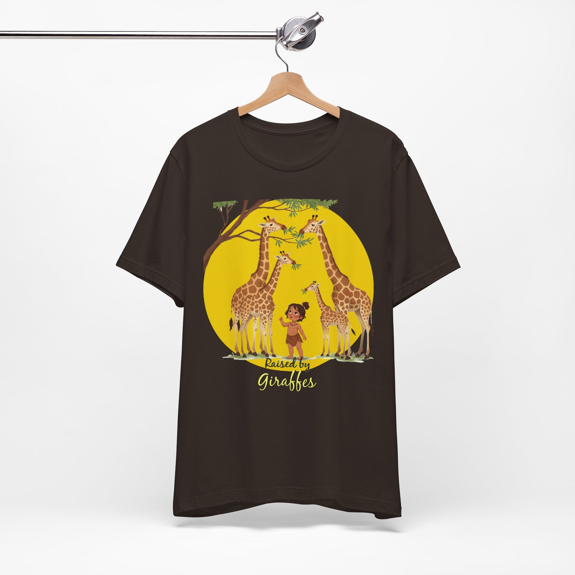 Raised by Giraffes Unisex T-Shirt - Funny Animal Lover Tee - Giraffe Lovers, Wildlife Enthusiasts (Female Character) - Schmartypants