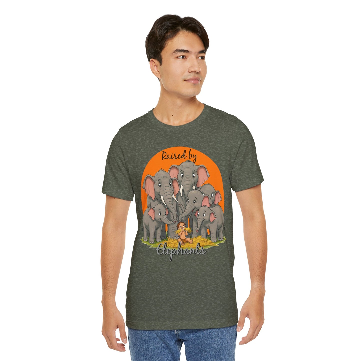 Elephant Lovers Tee - Funny 'Raised by Elephants' Unisex Jersey Short Sleeve Shirt - Wildlife and Nature Lovers Shirt (Male Character Version) - Schmartypants