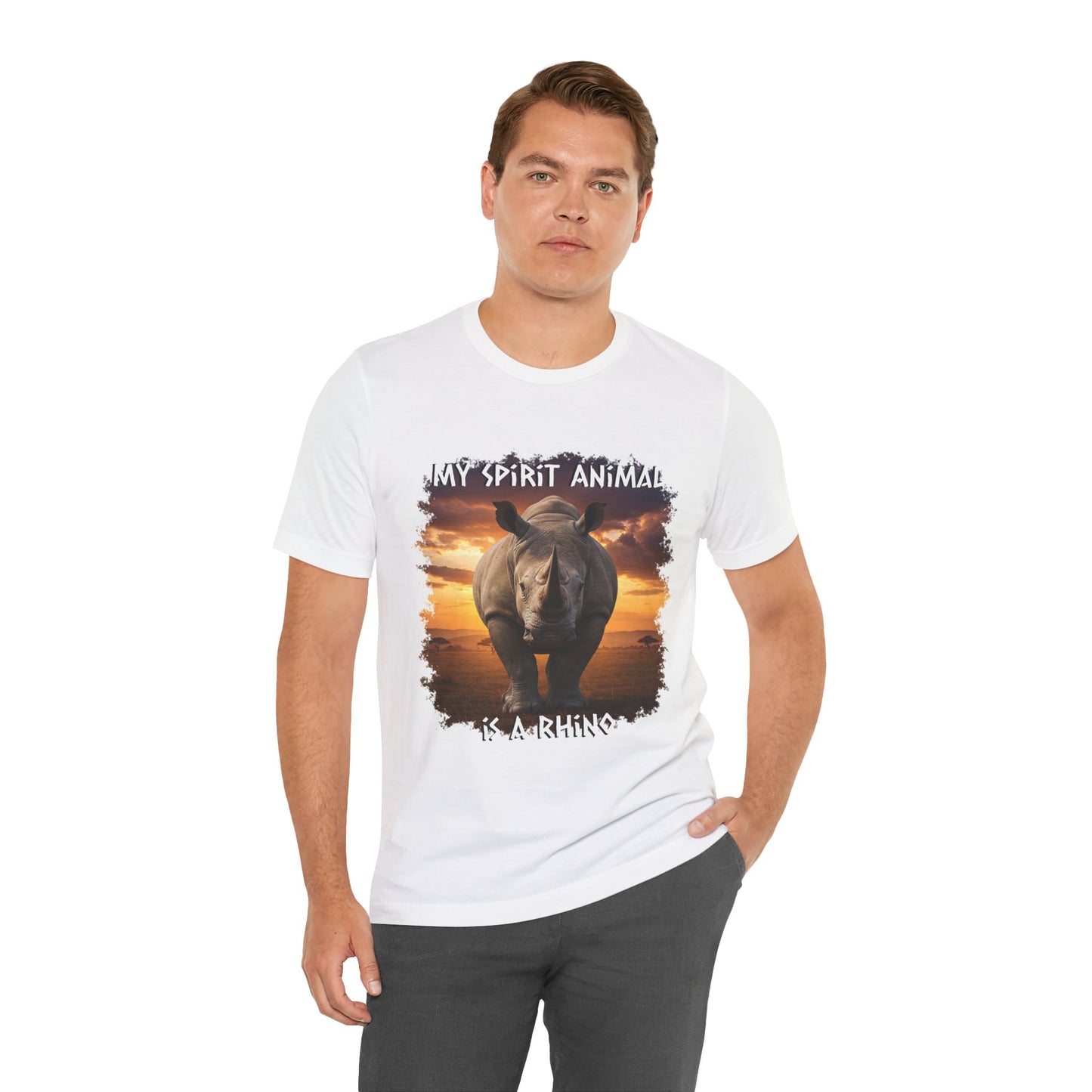 Rhino Spirit Animal Tee, Charging Rhinoceros Shirt for Nature Lovers, Zoo Outings, Safaris, Unisex Jersey Short Sleeve Tee