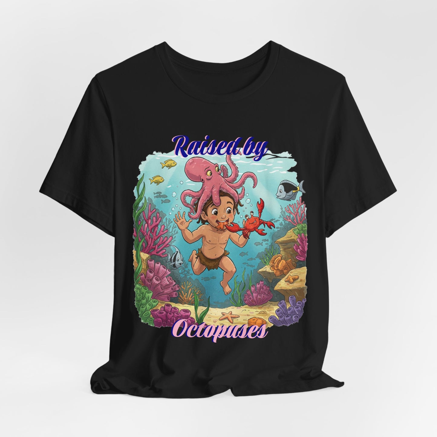 Ocean-Inspired Unisex Tee - Funny "Raised by Octopus", Fun Gift for Marine Lovers, Summer Beachwear, Cute Animal T-Shirt
