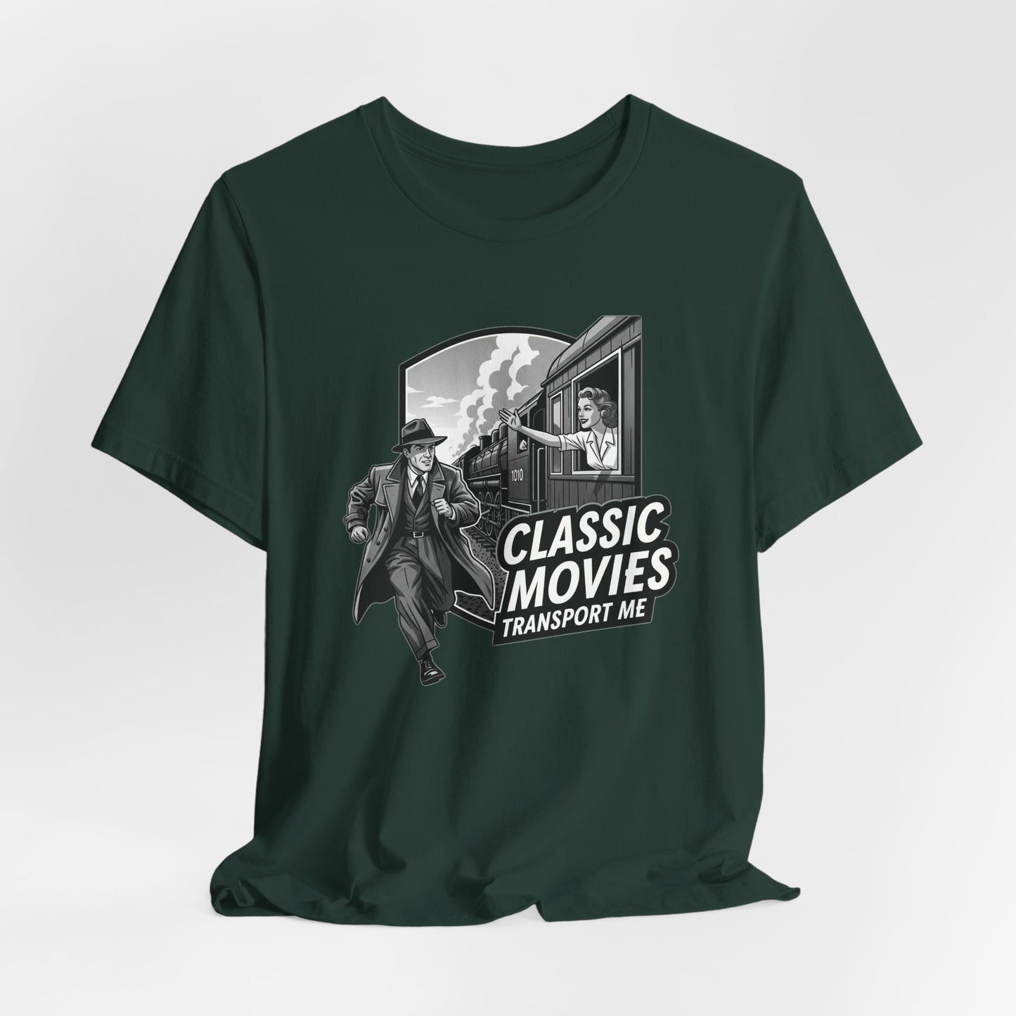 Classic Movies Transport Me Unisex Tee, Vintage Movie Lover Shirt, Locomotive T-Shirt, Film Buff Gift, Nostalgic Film Apparel