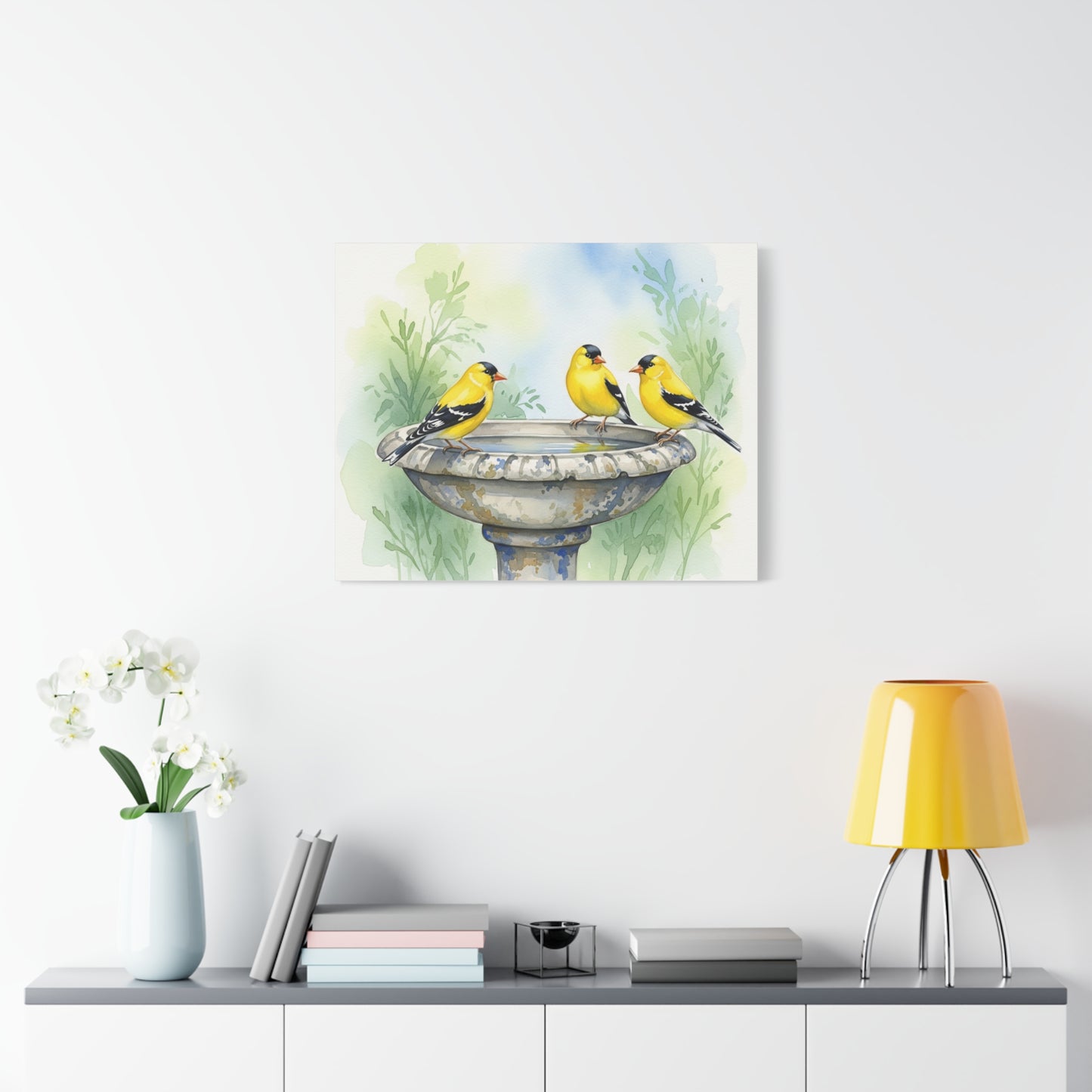 Goldfinches on Fountain Canvas Art, Nature Wall Decor, Yellow Finch Print, Home Decor, Gift for Bird Lovers, Spring Decoration