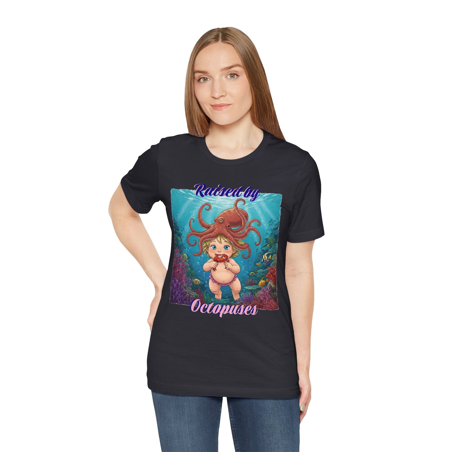 'Raised by Octopuses' Funny Octopus Themed Unisex Tee, Perfect for Ocean Lovers, Birthday Gift, Casual Wear, Summer Outing, Nautical Themed Apparel