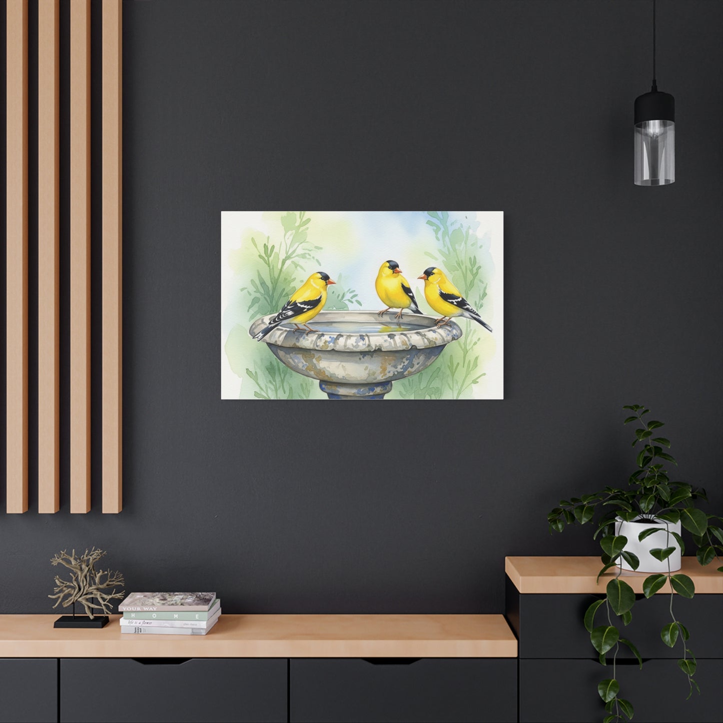 Goldfinches on Fountain Canvas Art, Nature Wall Decor, Yellow Finch Print, Home Decor, Gift for Bird Lovers, Spring Decoration