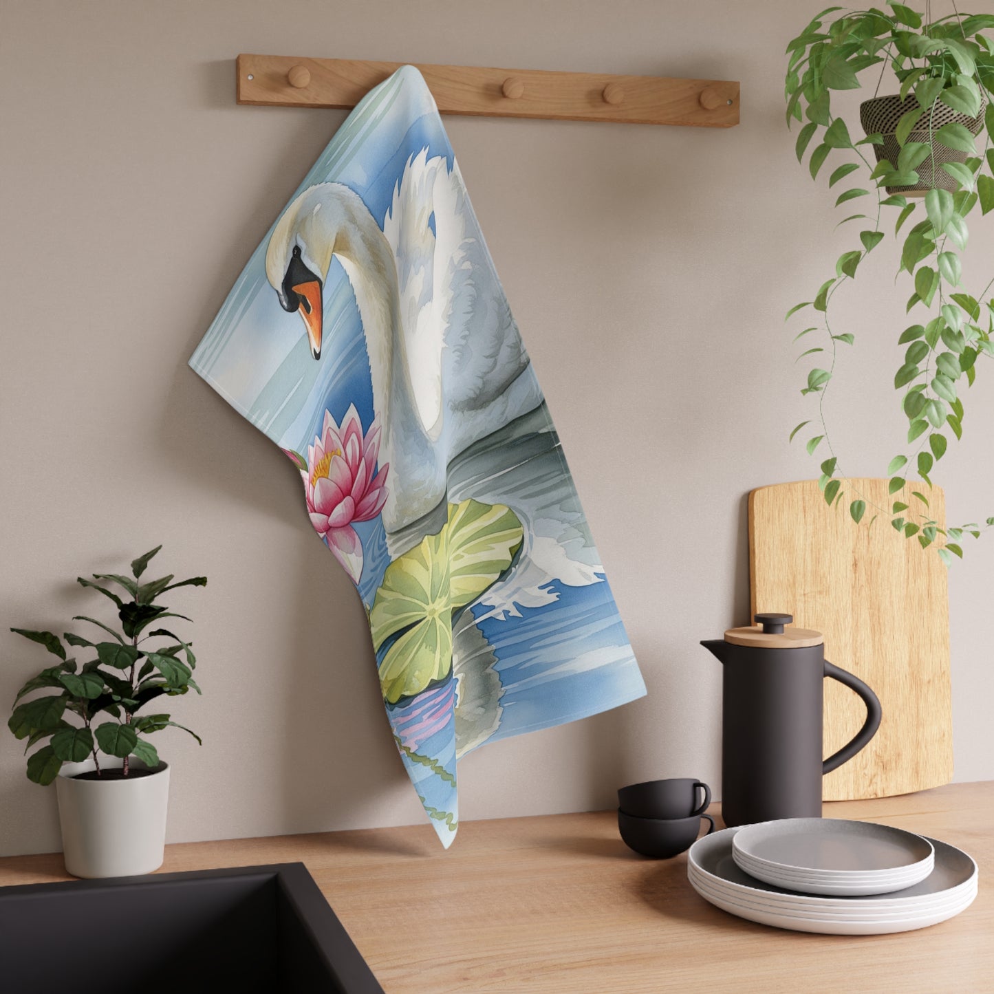 Swan Tea Towels, Elegant Kitchen Decor, Wedding Housewarming Gift, Cotton Poly Dish Towel, Swan Pond Waterlilies Design