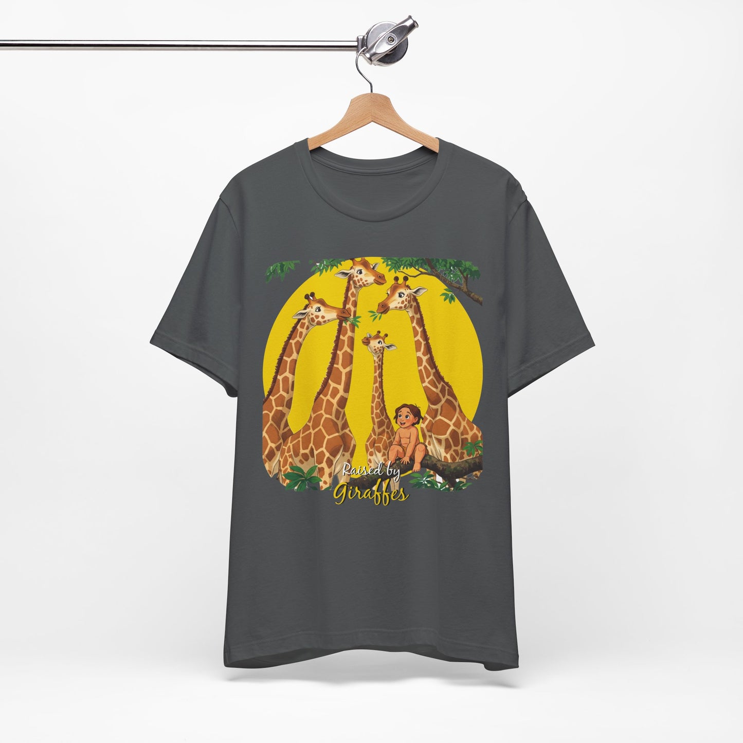 Hilarious Comical 'Raised By Giraffes' Unisex Short Sleeve Tee - Perfect for Animal Lovers (male character version) - Schmartypants