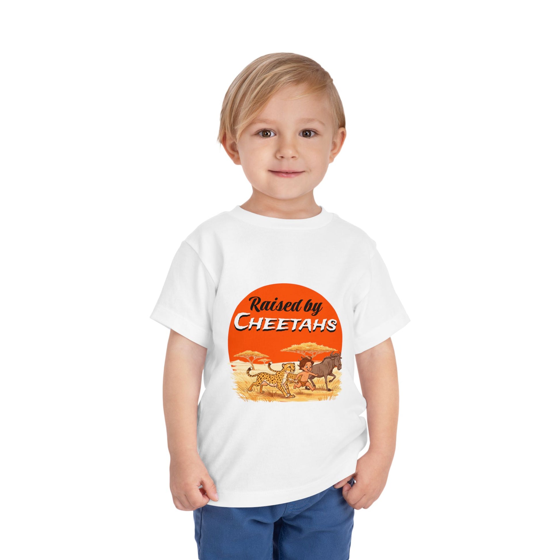 Toddler Boys Short Sleeve Tee with 'Raised by Cheetahs' Design | Funny Kids T-Shirt, Animal Lover Gift, Summer Outfit, Safari Theme - Schmartypants