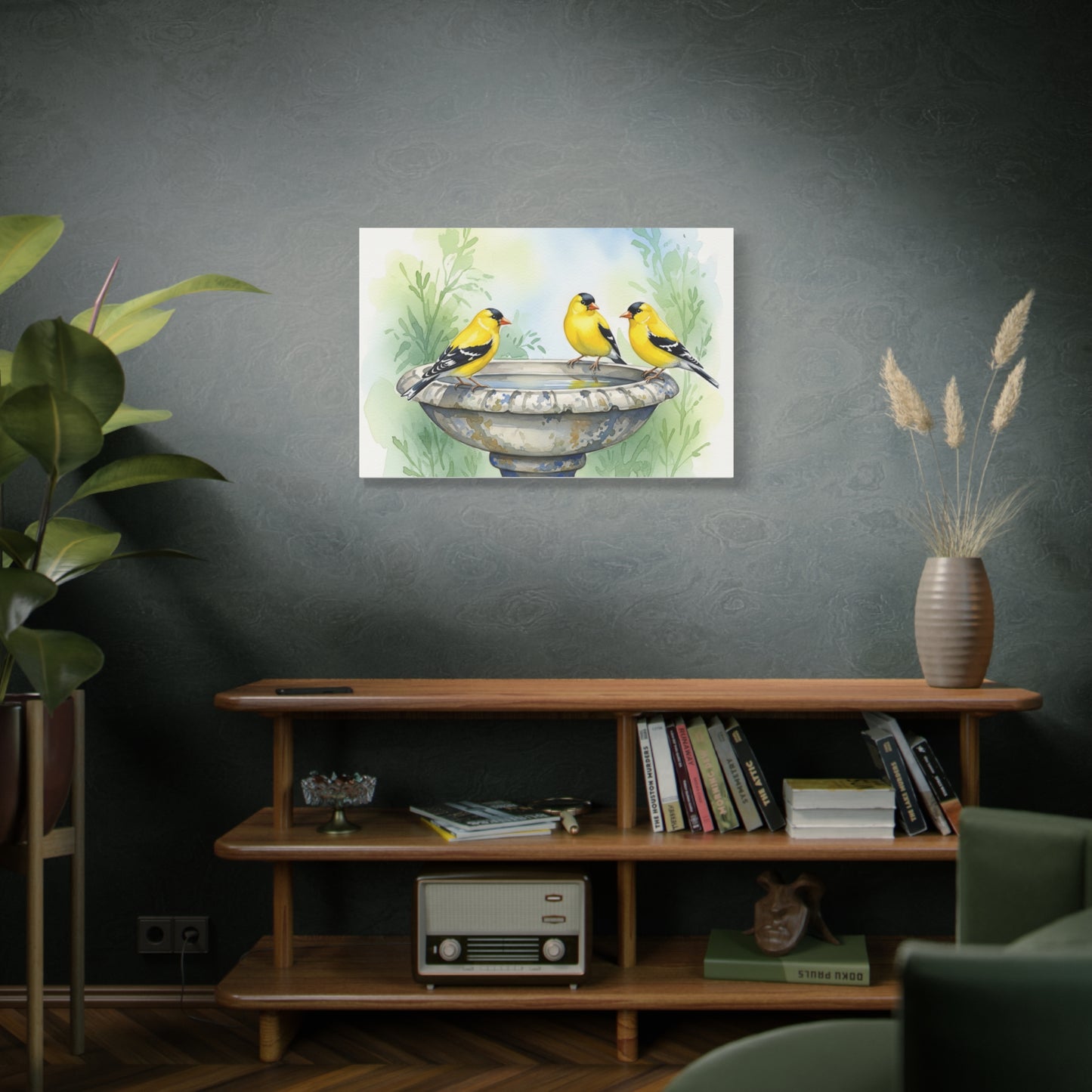 Goldfinches on Fountain Canvas Art, Nature Wall Decor, Yellow Finch Print, Home Decor, Gift for Bird Lovers, Spring Decoration