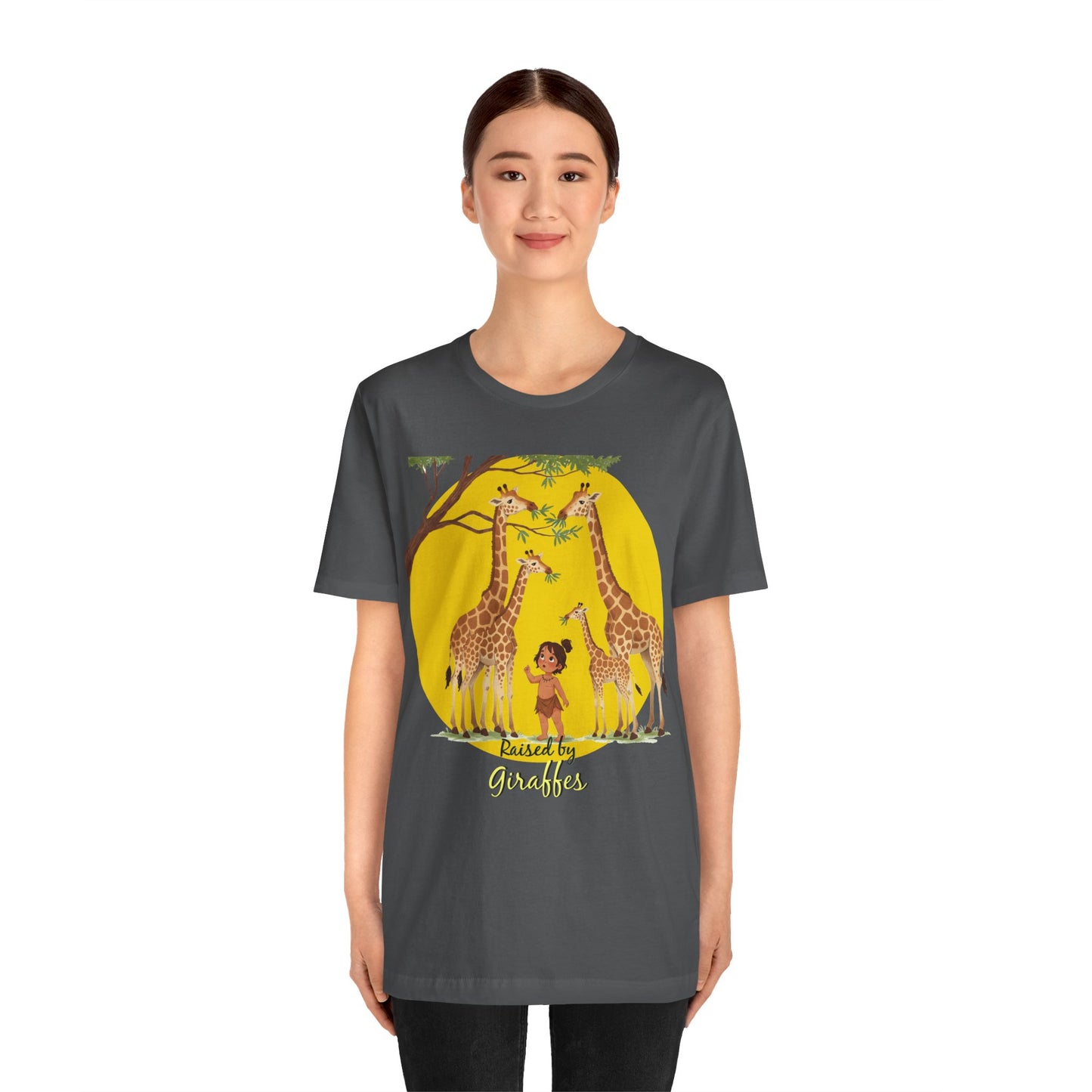 Raised by Giraffes Unisex T-Shirt - Funny Animal Lover Tee - Giraffe Lovers, Wildlife Enthusiasts (Female Character) - Schmartypants