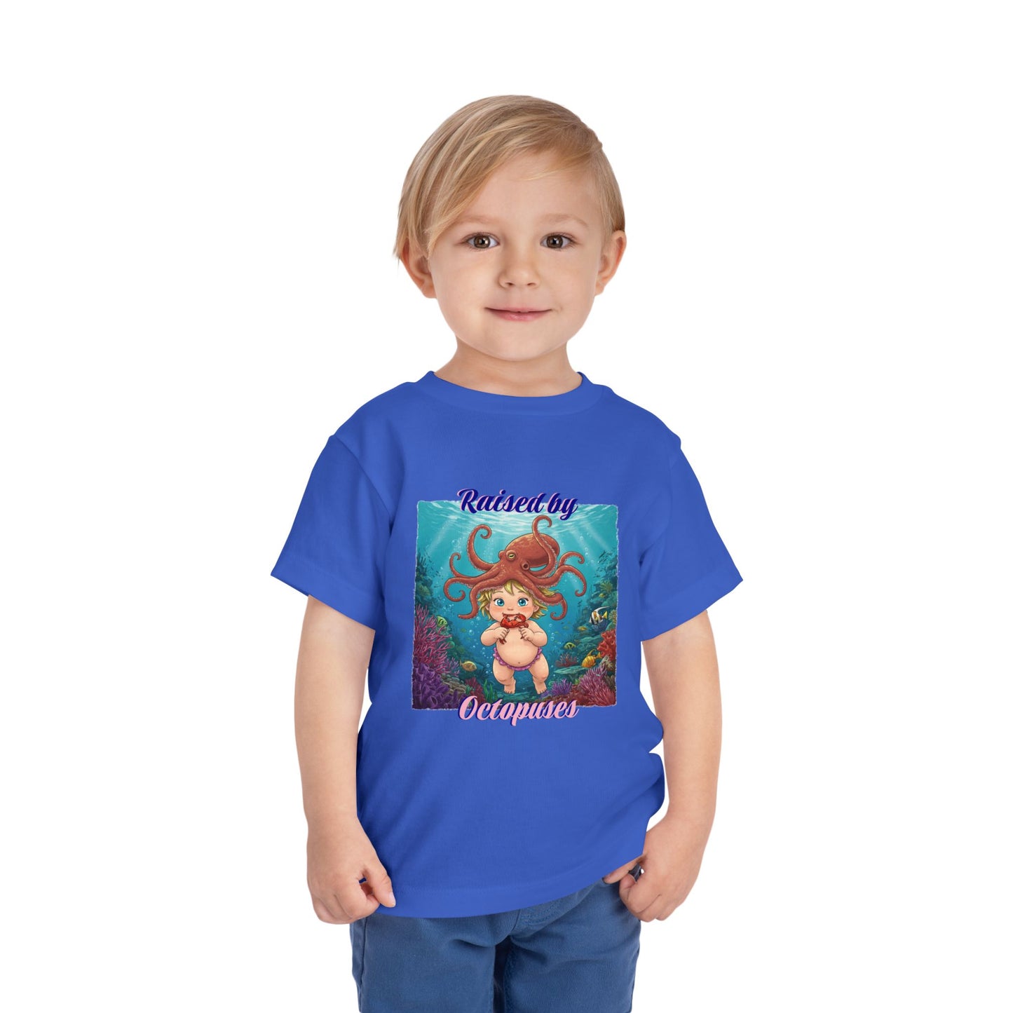 Toddler Short Sleeve Tee: Funny 'Raised by Octopuses', Kid's Fun Tee, Aquatic Graphics Shirt, Marine Life Gift, Nautical Outfit