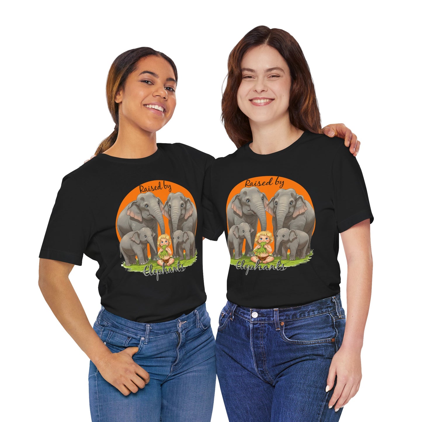 Funny Raised by Elephants Unisex Short Sleeve Tee - Perfect for Animal Lovers, Wildlife Fans (Women's Character version) - Schmartypants