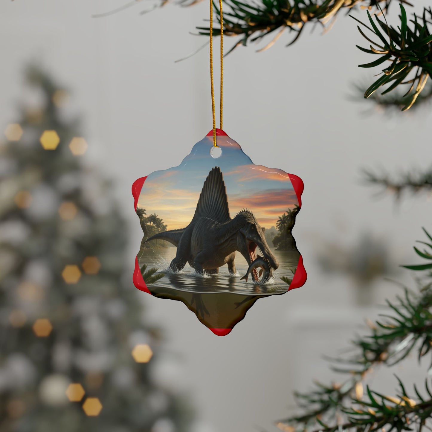 Spinosaurus Jurassic Era Dinosaur Ceramic Christmas Tree Ornaments, 2-Sided Keepsakes, Party Favors