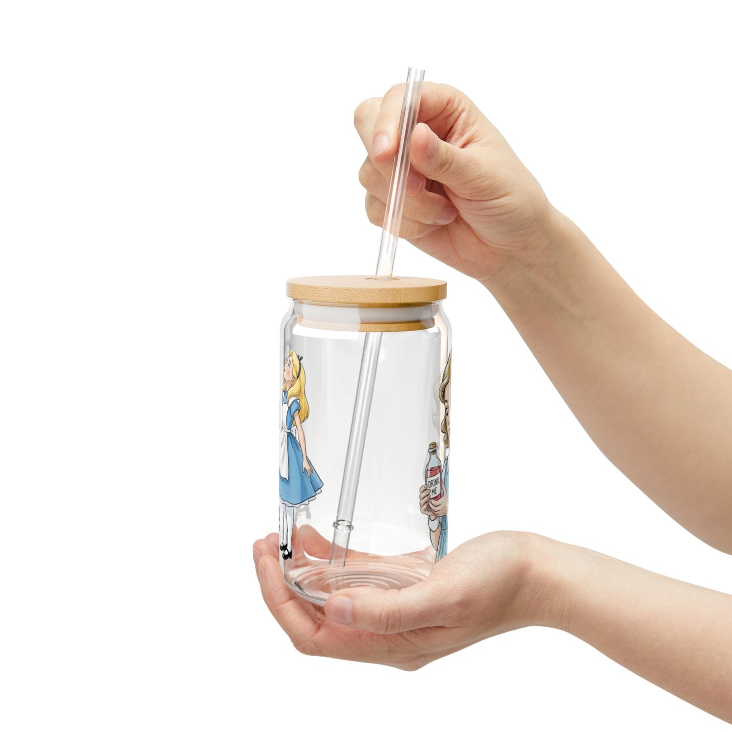 Alice in Wonderland 'Drink Me' Sipper Glass, 16oz with Straw, 'Go Ask Alice' Design, Cute Drinkware for Tea Parties, Gifts for Readers