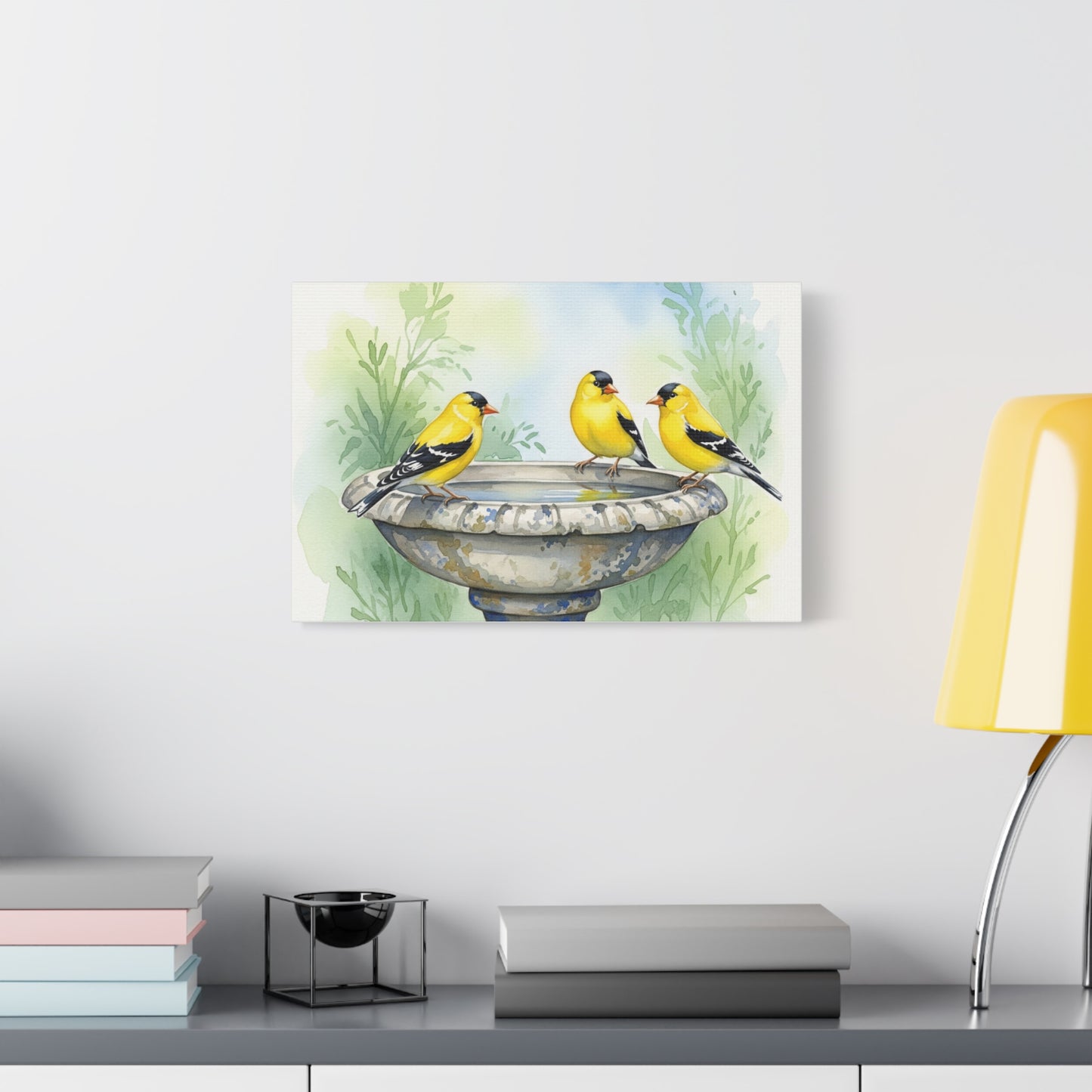 Goldfinches on Fountain Canvas Art, Nature Wall Decor, Yellow Finch Print, Home Decor, Gift for Bird Lovers, Spring Decoration