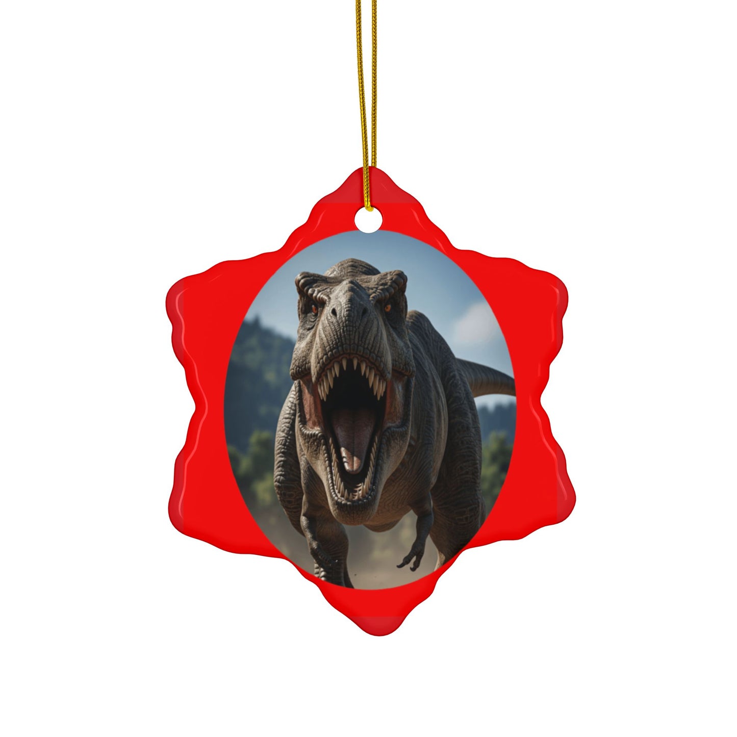 Roaring T-Rex Jurassic Era Dinosaur Ceramic Christmas Tree Ornaments, 2-Sided Keepsakes, Collectibles, Party Favors