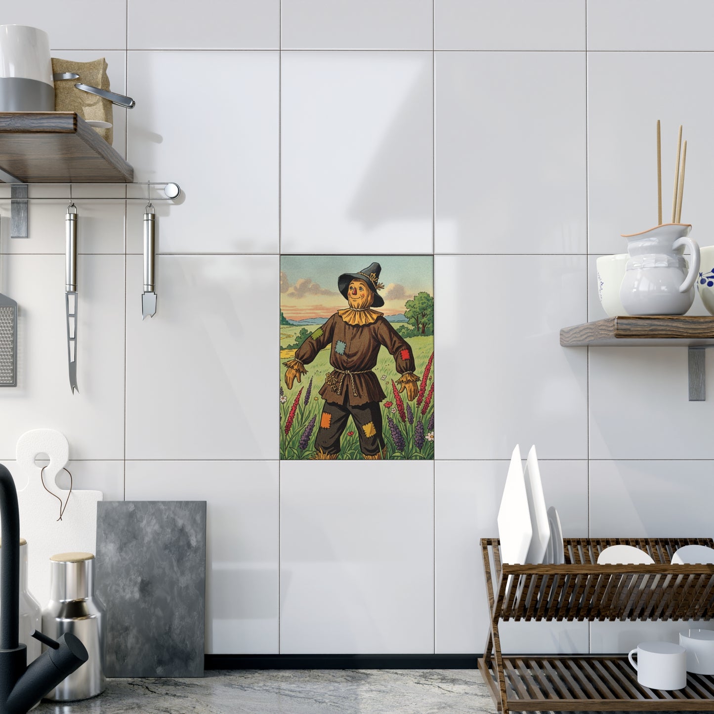 Ceramic Photo Tile - Wizard of Oz Scarecrow Illustrated Tile for Nursery or Baby Shower Gift, Personalizable Home Decor Accent, Vibrant