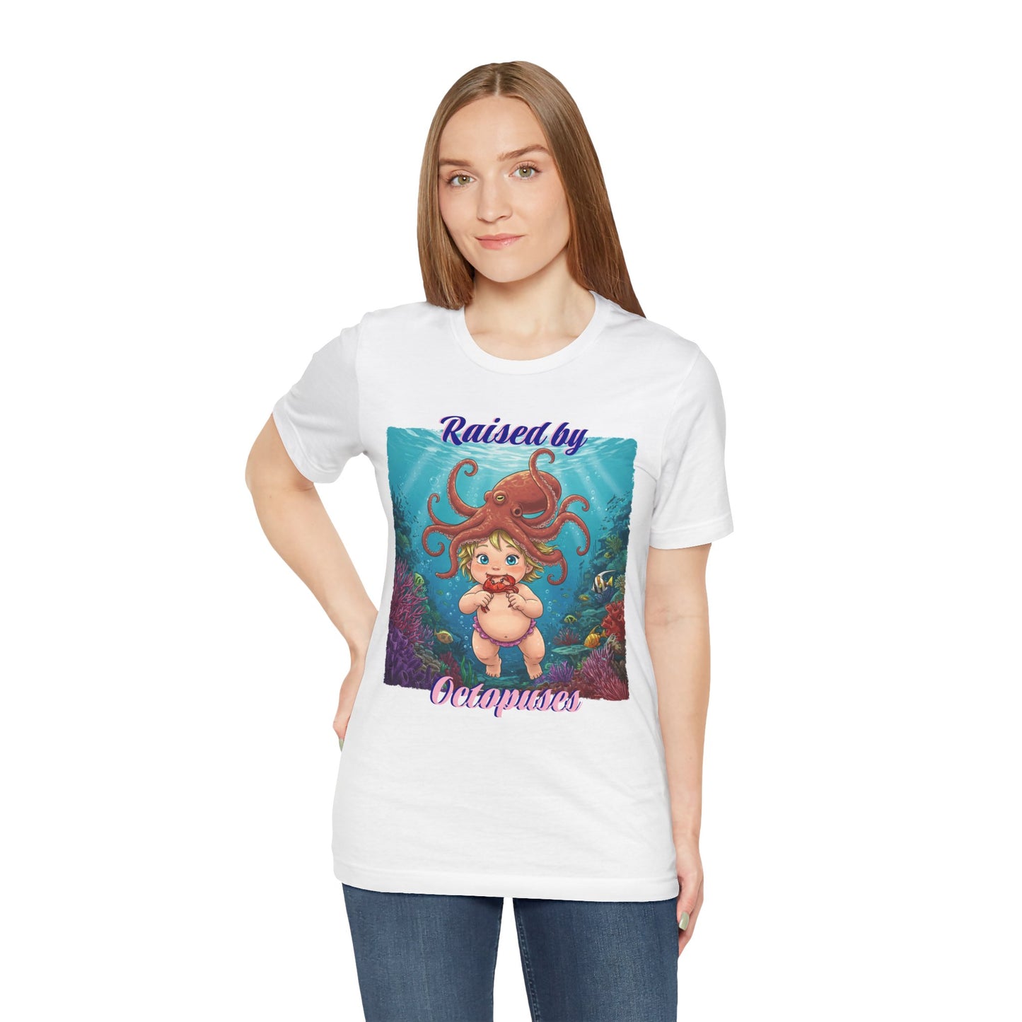 'Raised by Octopuses' Funny Octopus Themed Unisex Tee, Perfect for Ocean Lovers, Birthday Gift, Casual Wear, Summer Outing, Nautical Themed Apparel