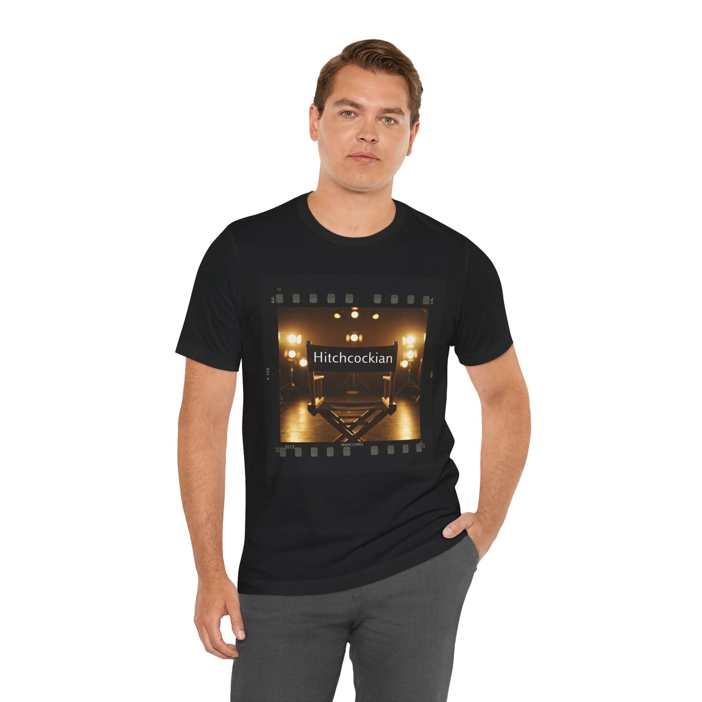 "Hitchcockian" Unisex Jersey Tee - Vintage Film Vibe T-Shirt for Film Lovers, Hitchcock Lovers, and Filmmakers - Schmartypants