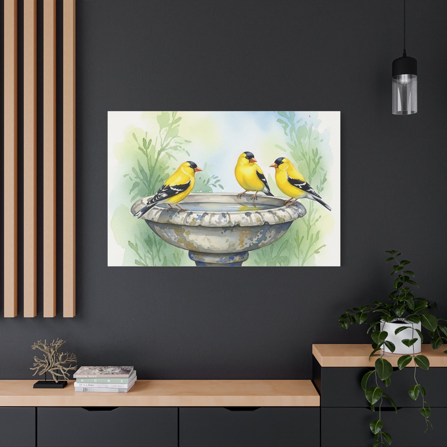 Goldfinches on Fountain Canvas Art, Nature Wall Decor, Yellow Finch Print, Home Decor, Gift for Bird Lovers, Spring Decoration
