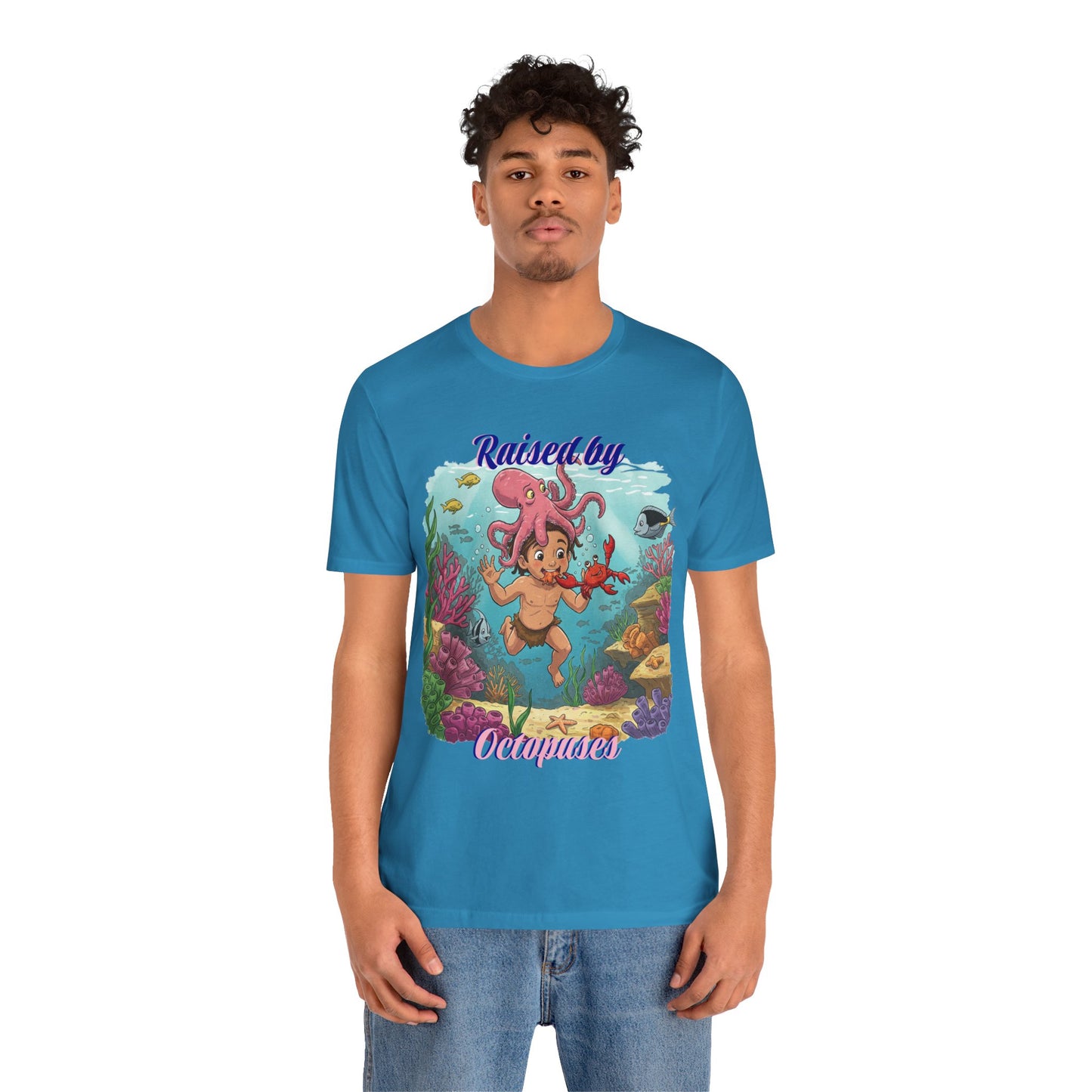 Ocean-Inspired Unisex Tee - Funny "Raised by Octopus", Fun Gift for Marine Lovers, Summer Beachwear, Cute Animal T-Shirt