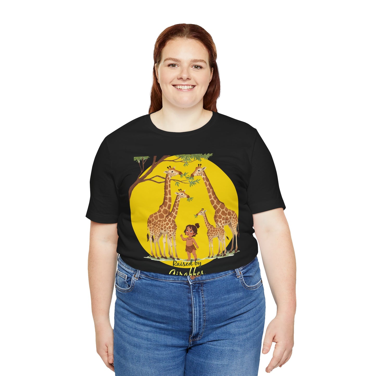 Raised by Giraffes Unisex T-Shirt - Funny Animal Lover Tee - Giraffe Lovers, Wildlife Enthusiasts (Female Character) - Schmartypants