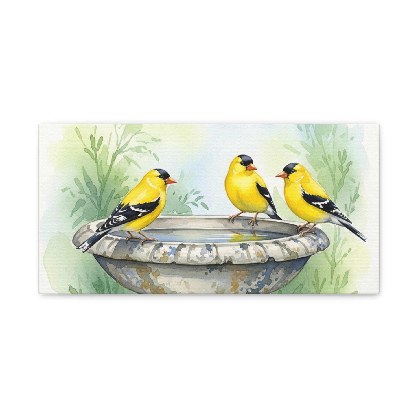 Goldfinches on Fountain Canvas Art, Nature Wall Decor, Yellow Finch Print, Home Decor, Gift for Bird Lovers, Spring Decoration