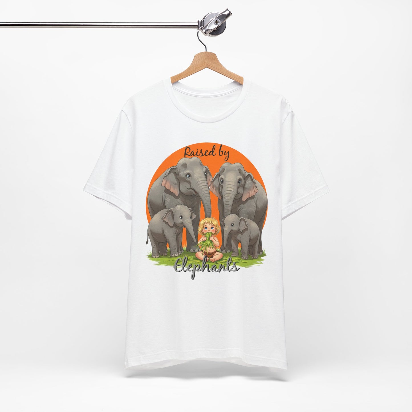 Funny Raised by Elephants Unisex Short Sleeve Tee - Perfect for Animal Lovers, Wildlife Fans (Women's Character version) - Schmartypants