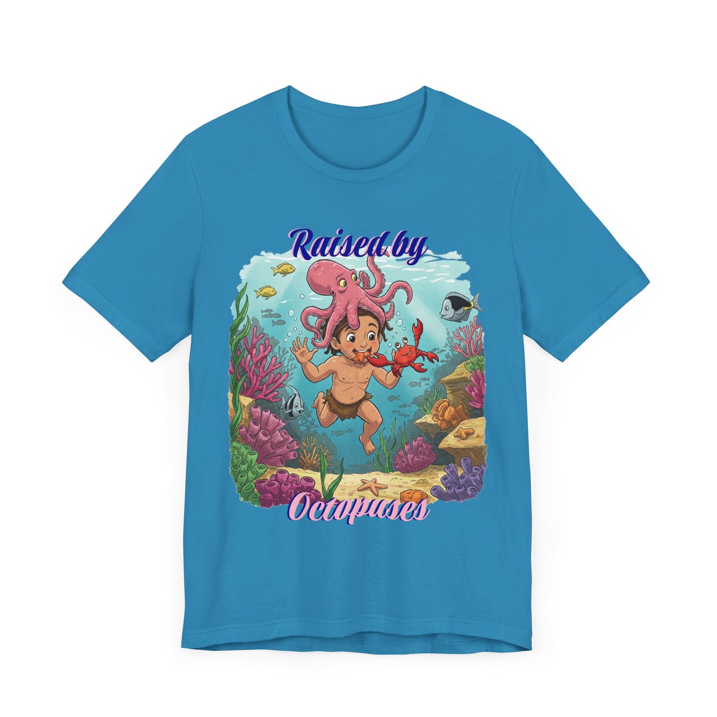 Ocean-Inspired Unisex Tee - Funny "Raised by Octopus", Fun Gift for Marine Lovers, Summer Beachwear, Cute Animal T-Shirt