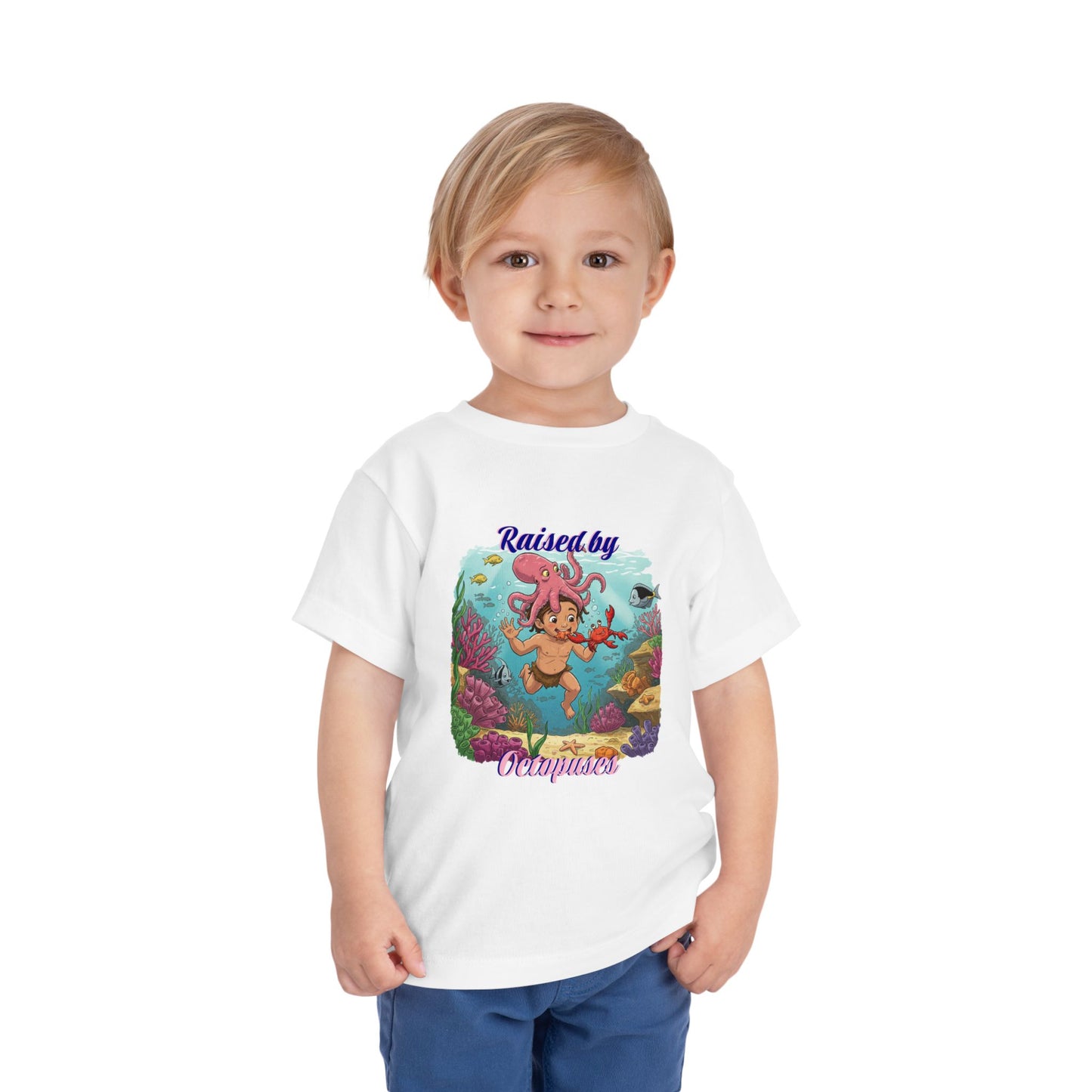 Funny Toddler Tee - "Raised by Octopuses" Cute Short Sleeve Shirt for Kids, Beach Day, Birthday Gift, Fun Summer Wear