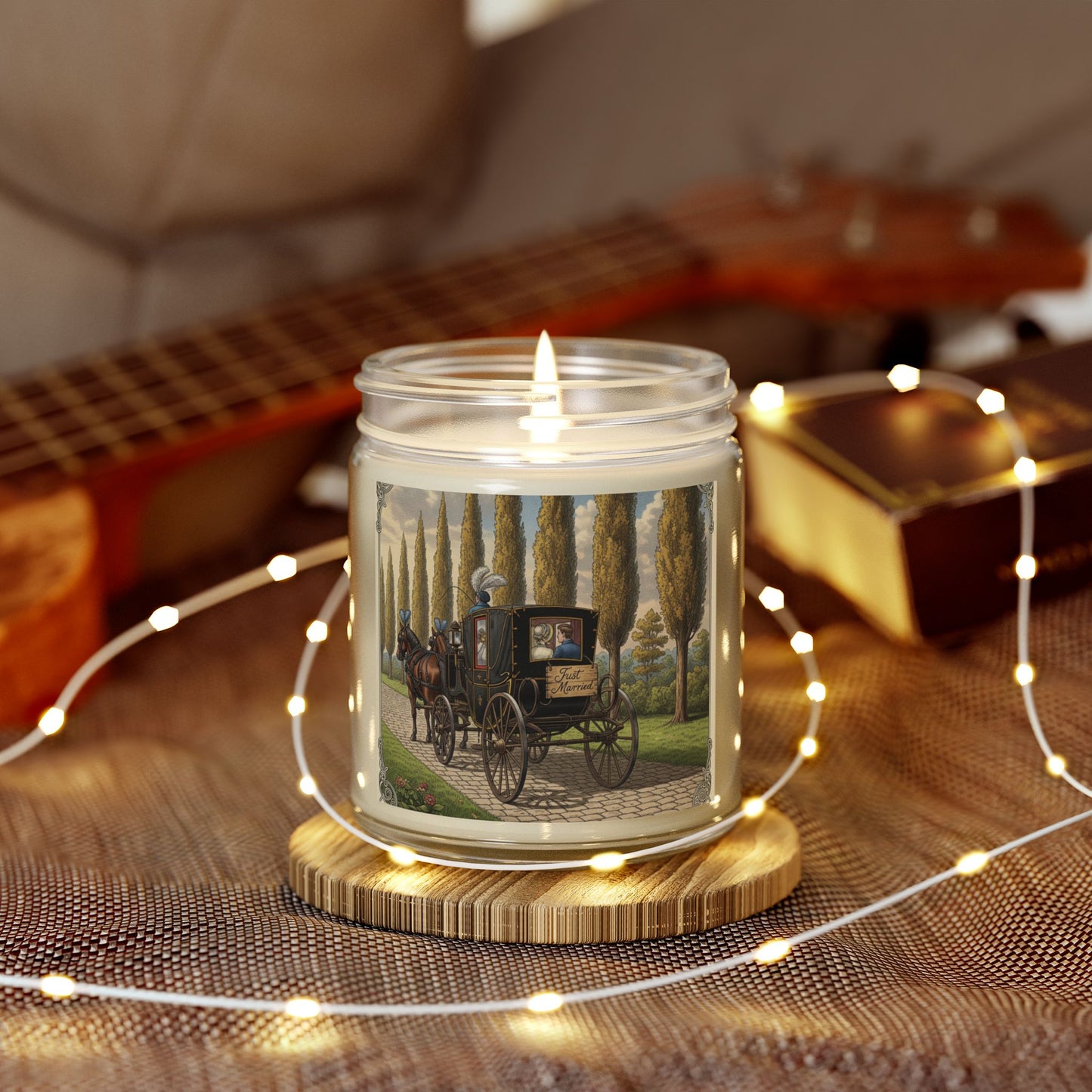 Scented Candles, Elegant 'Just Married' Carriage Ride Wedding Reception Gift, Coconut Apricot Wax Candle, Swag Item for Special Occasion